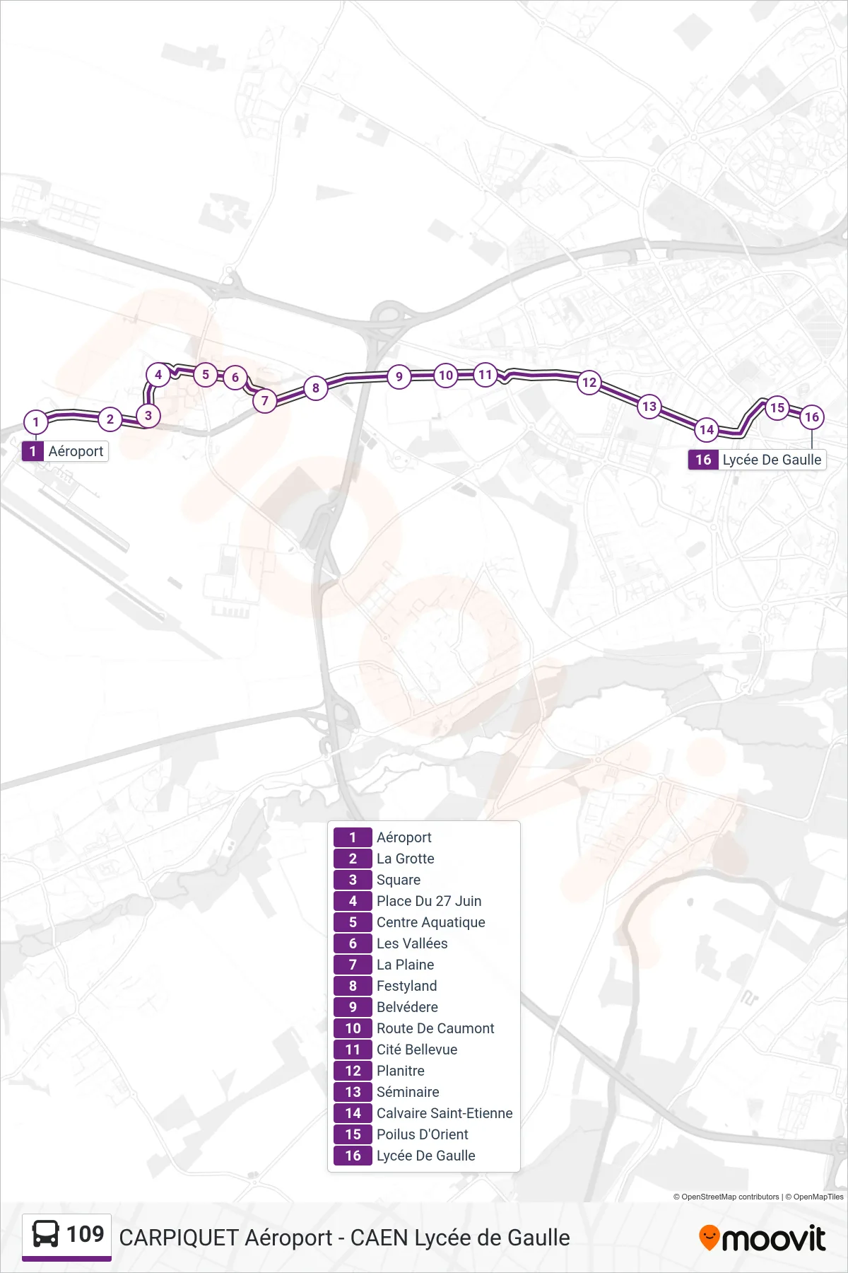 Tracé et arrêts de la ligne 109 de bus (Caen Lycée De Gaulle) sur une carte