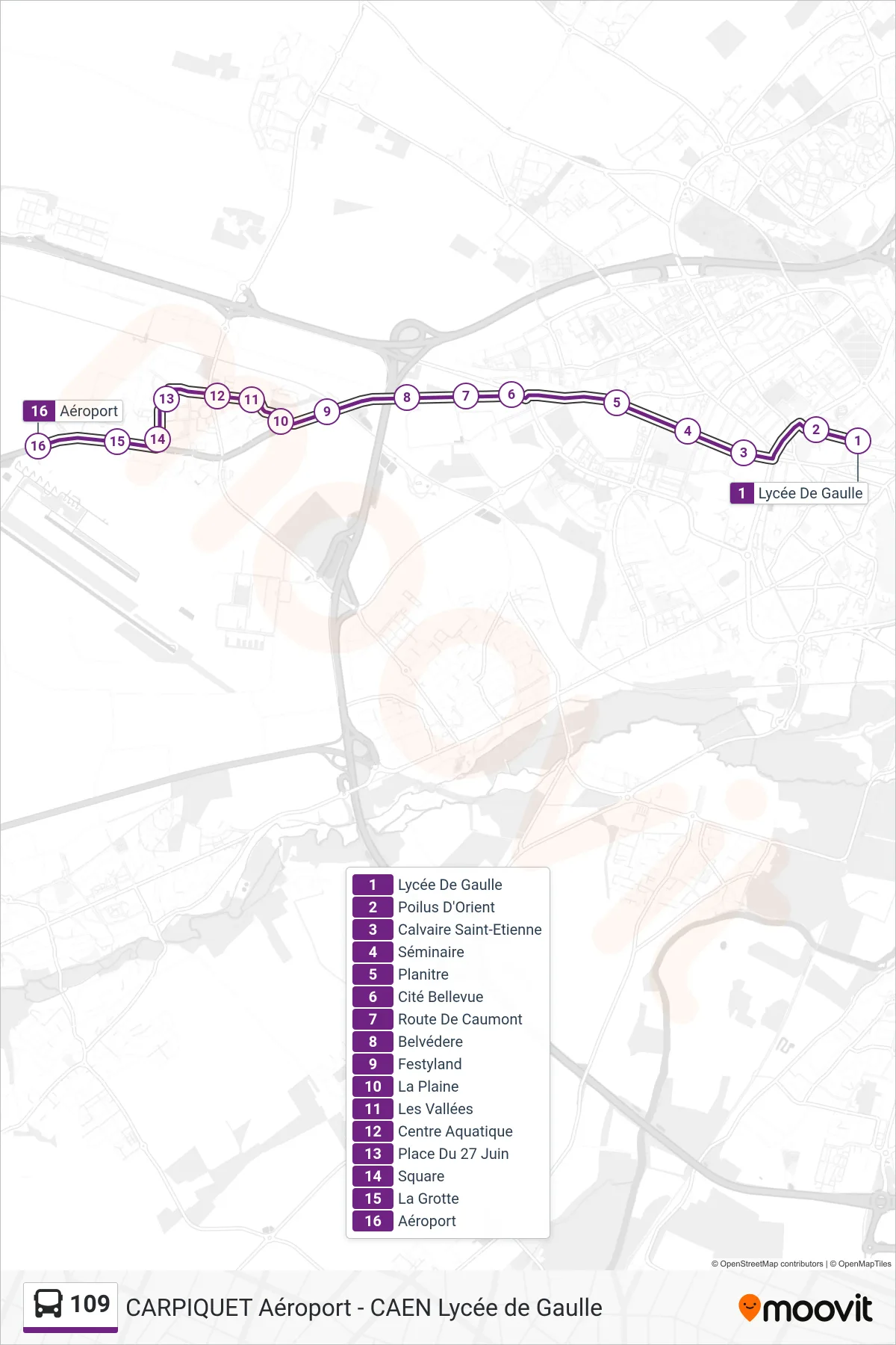 Tracé et arrêts de la ligne 109 de bus (Carpiquet Aéroport) sur une carte