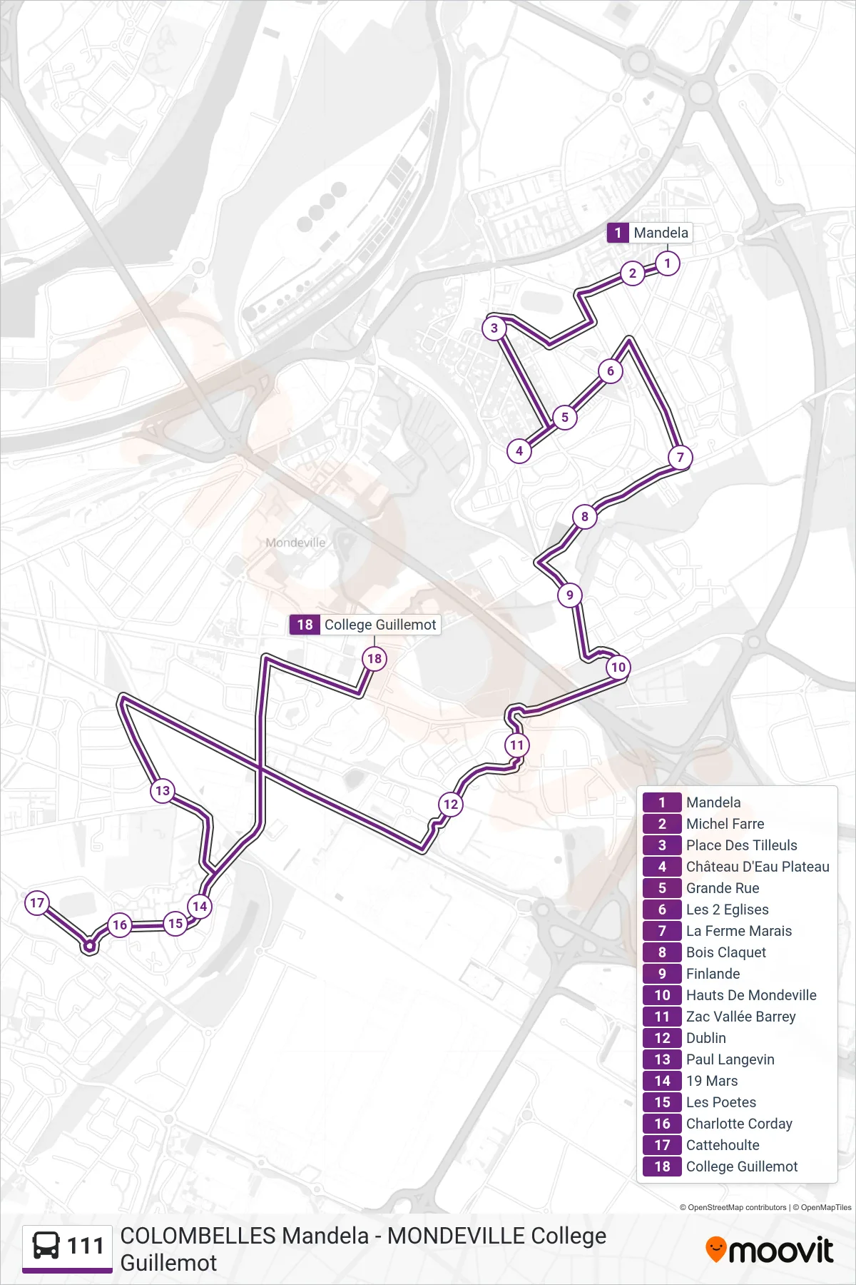 Tracé et arrêts de la ligne 111 de bus (Mondeville College Guillemot) sur une carte