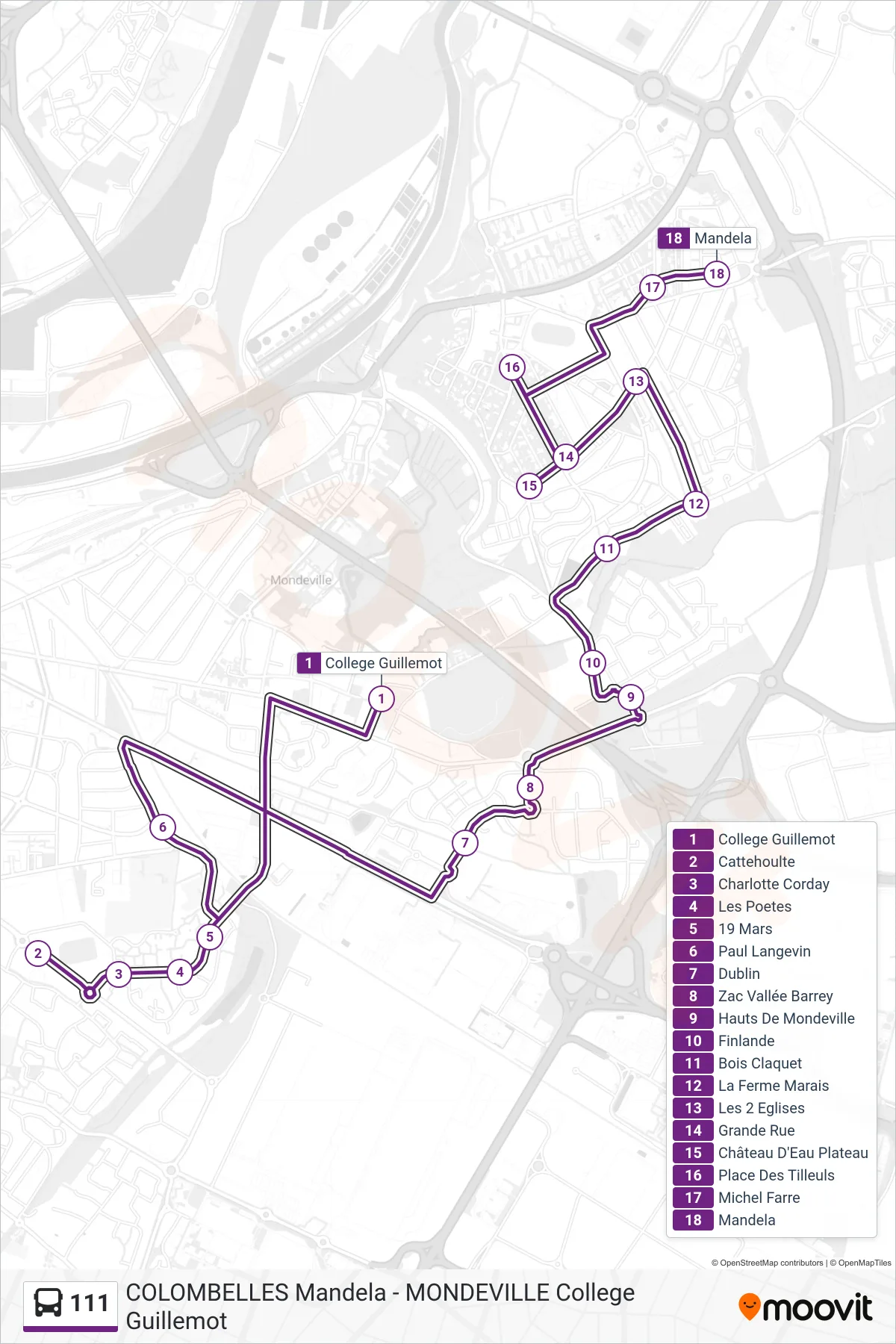Tracé et arrêts de la ligne 111 de bus (Colombelles Mandela) sur une carte