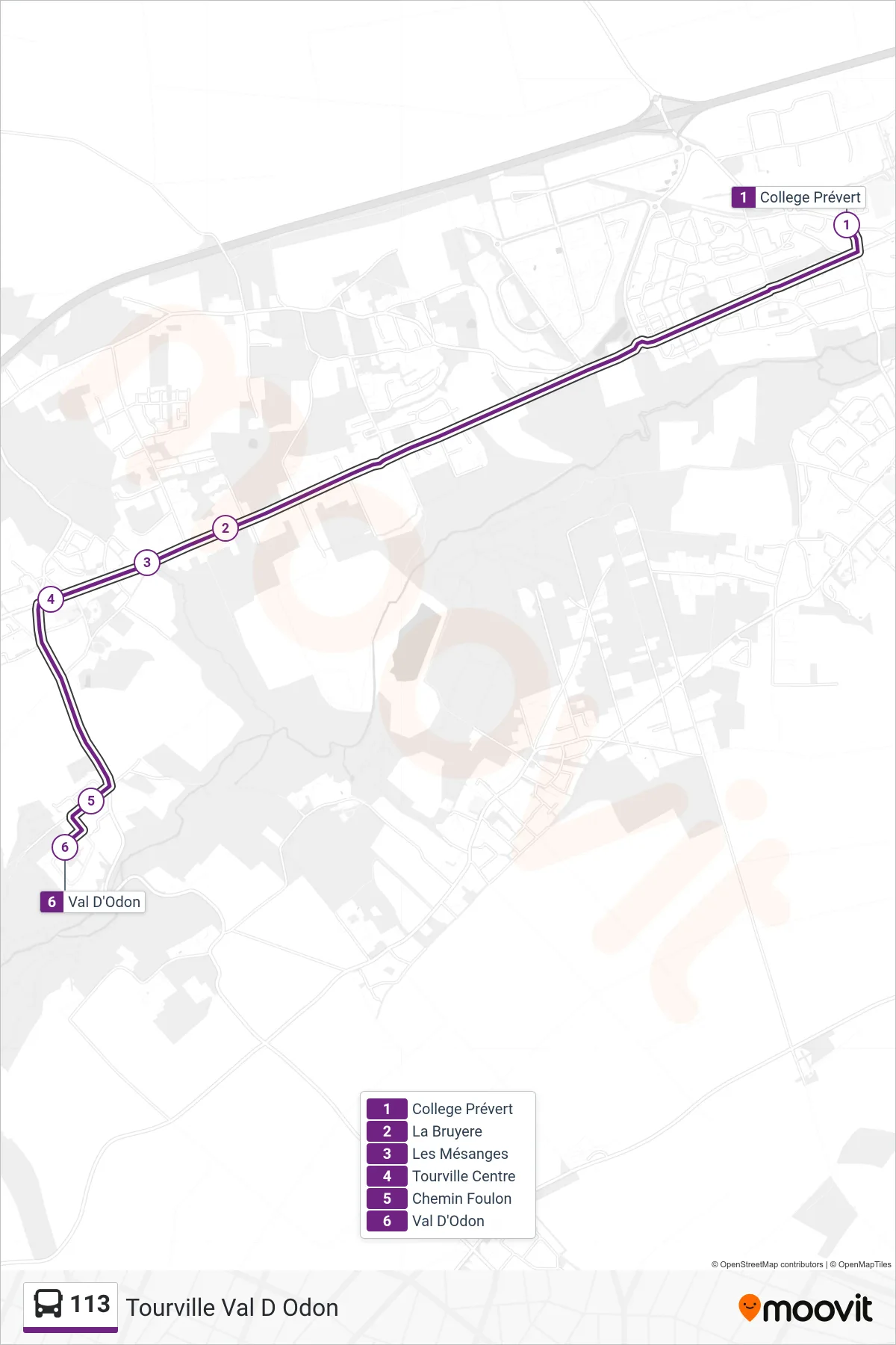 Tracé et arrêts de la ligne 113 de bus (Tourville Val D Odon) sur une carte