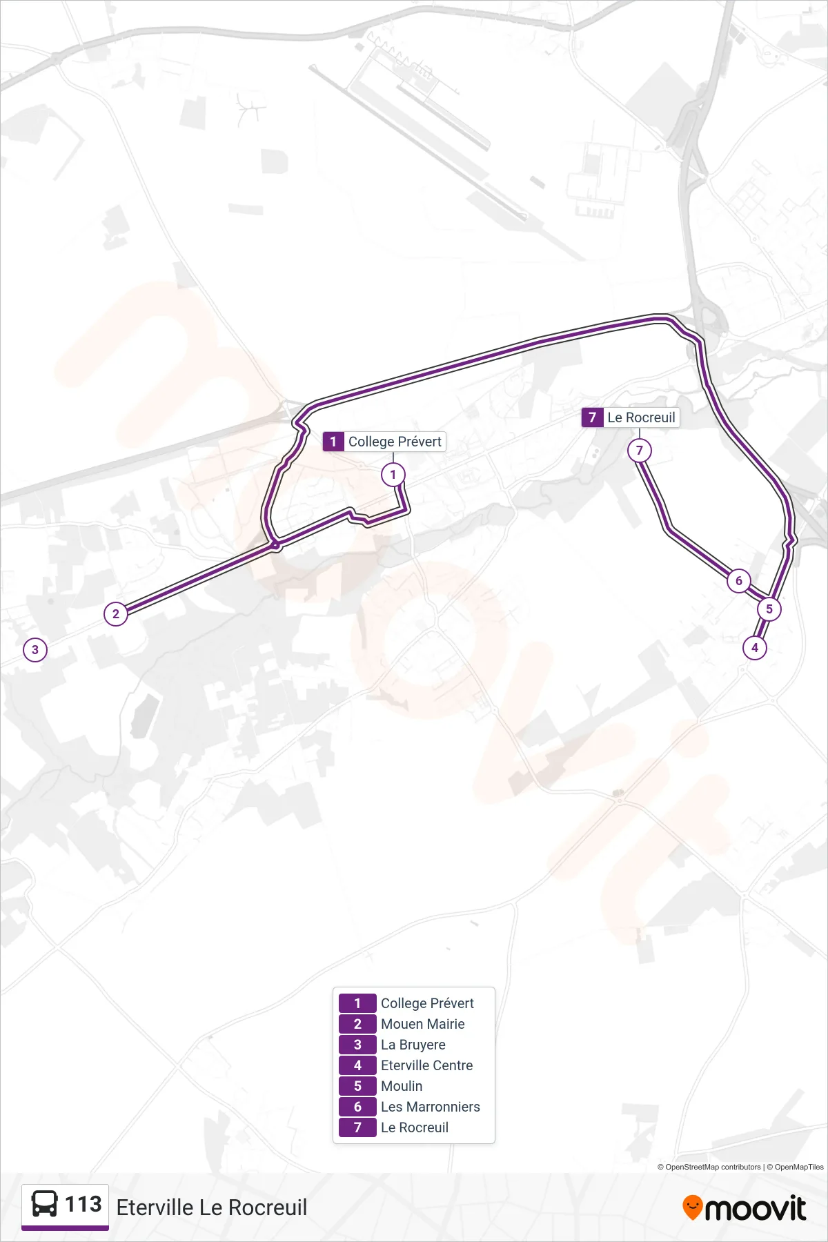 Tracé et arrêts de la ligne 113 de bus (Eterville Le Rocreuil) sur une carte