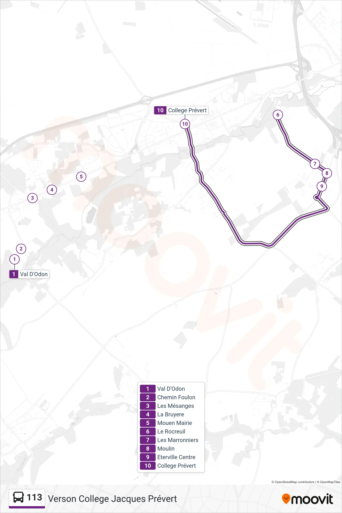 Tracé et arrêts de la ligne 113 de bus (Verson College Jacques Prévert) sur une carte