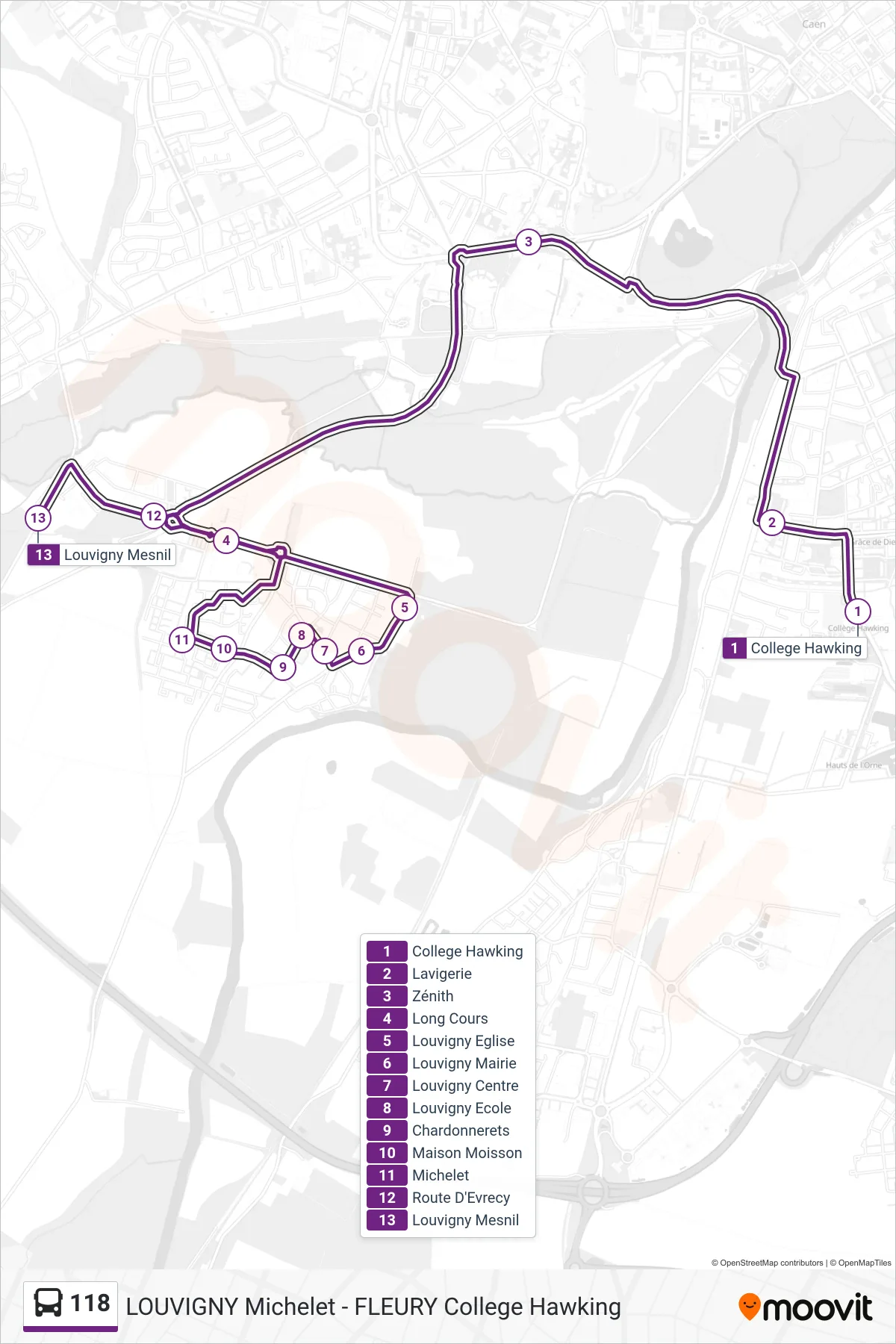 Tracé et arrêts de la ligne 118 de bus (Louvigny Mesnil) sur une carte