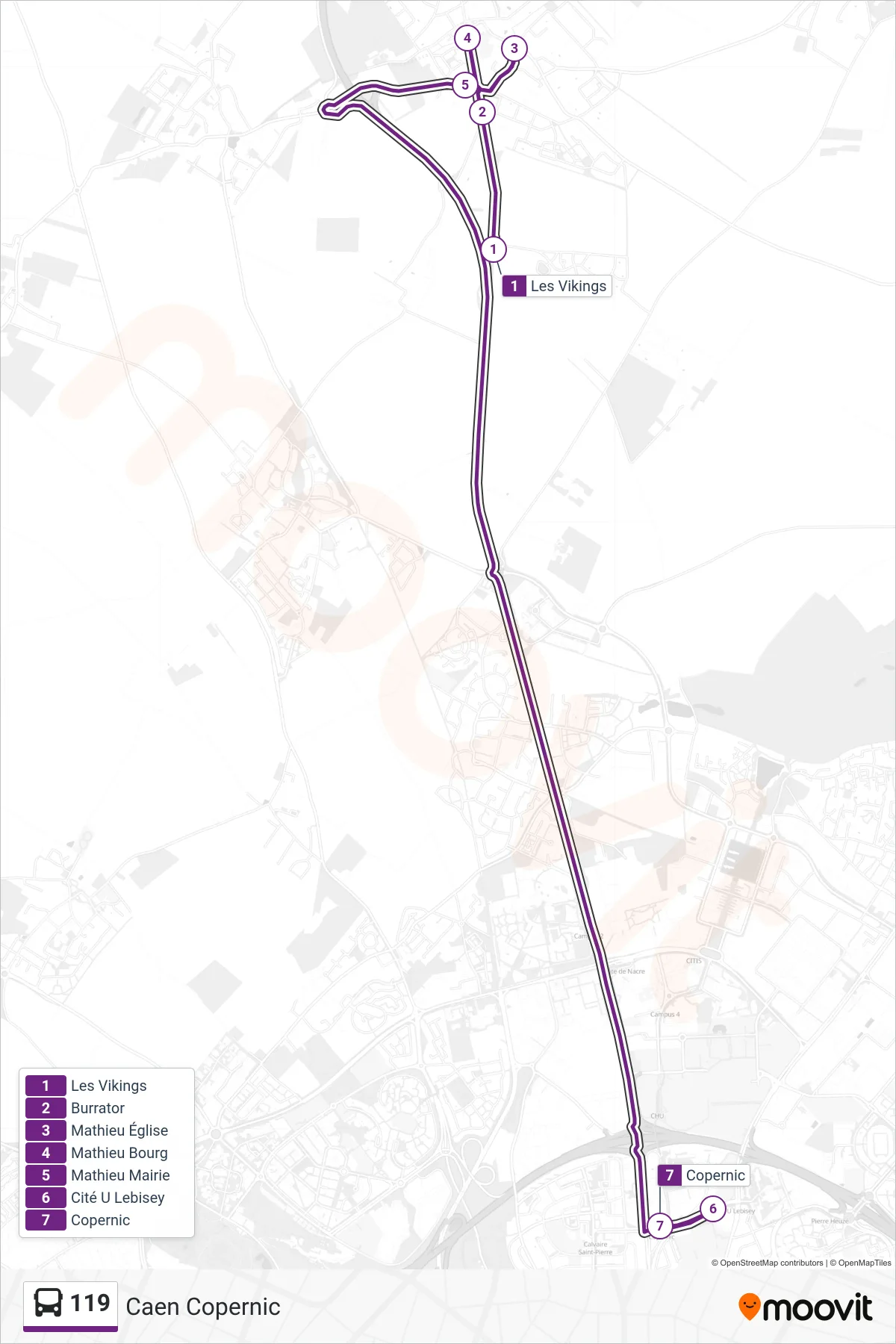 Tracé et arrêts de la ligne 119 de bus (Caen Copernic) sur une carte