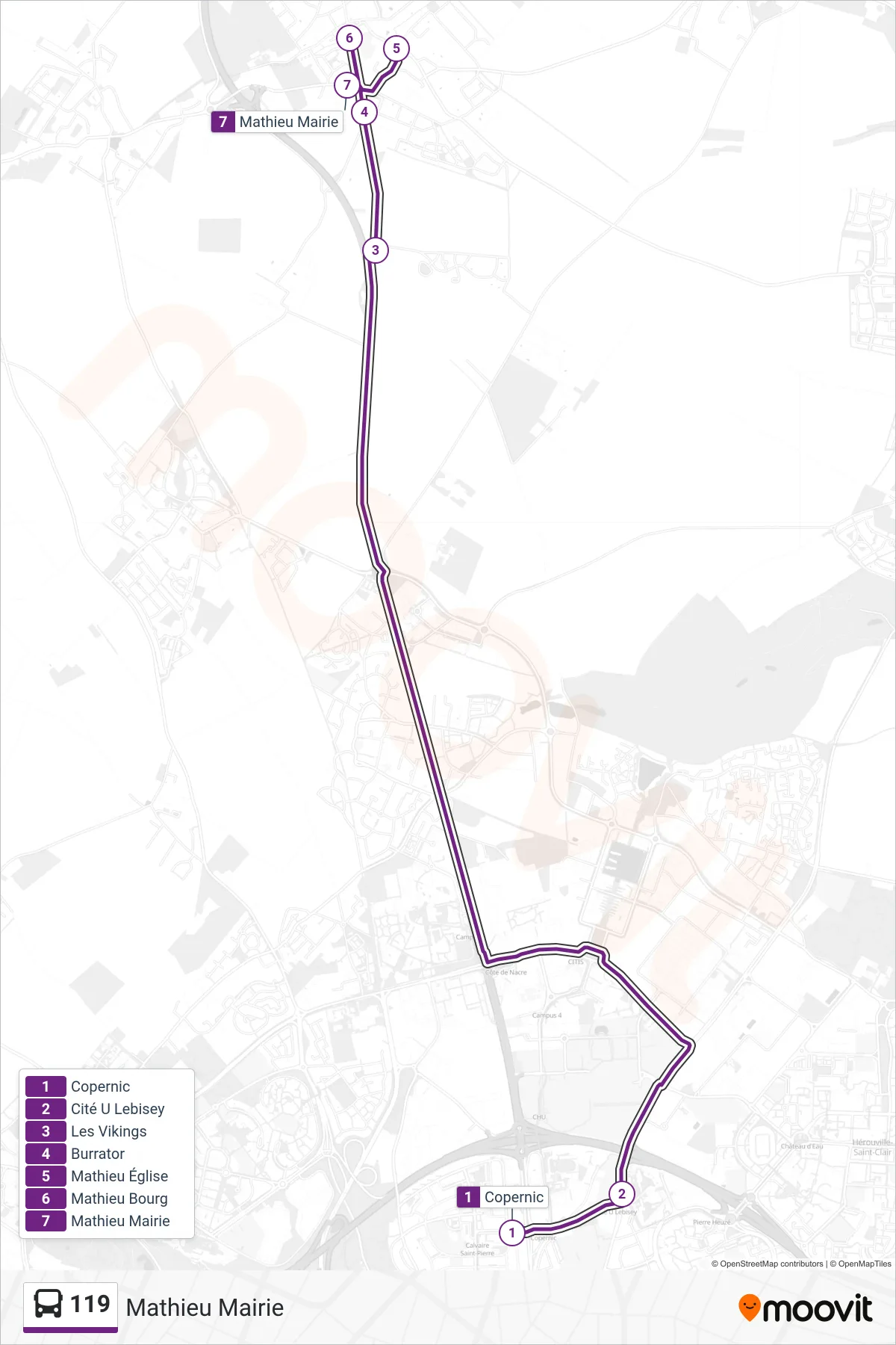Tracé et arrêts de la ligne 119 de bus (Mathieu Mairie) sur une carte