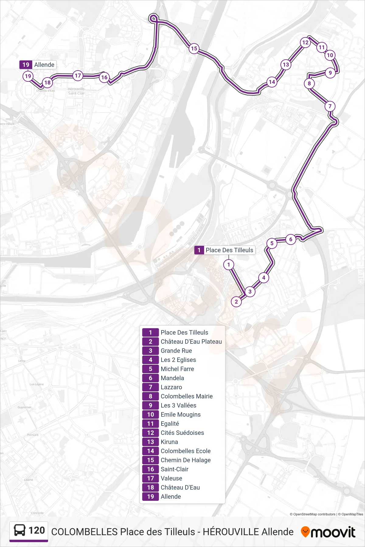 Tracé et arrêts de la ligne 120 de bus (Herouville Lycée Allende) sur une carte