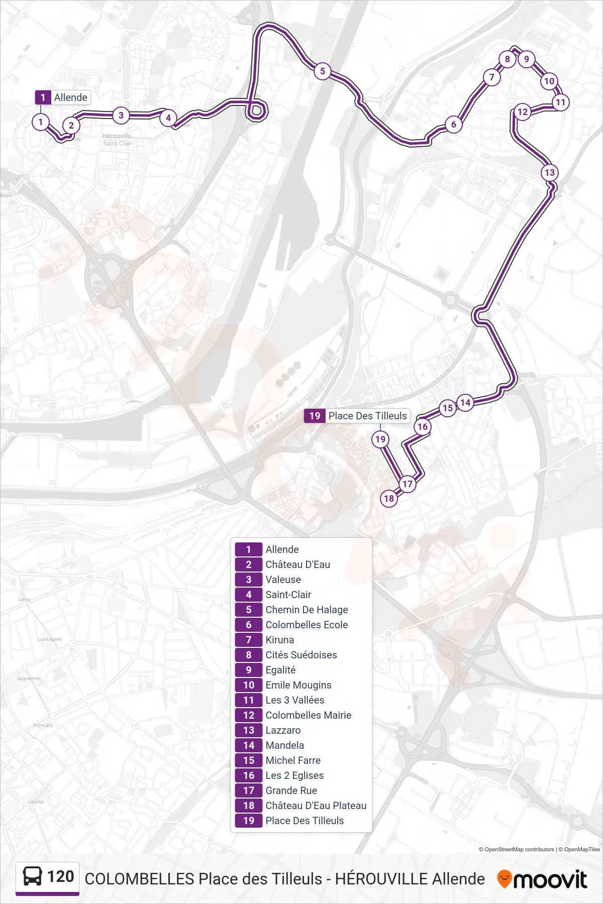 Tracé et arrêts de la ligne 120 de bus (Colombelles Place Des Tilleuls) sur une carte
