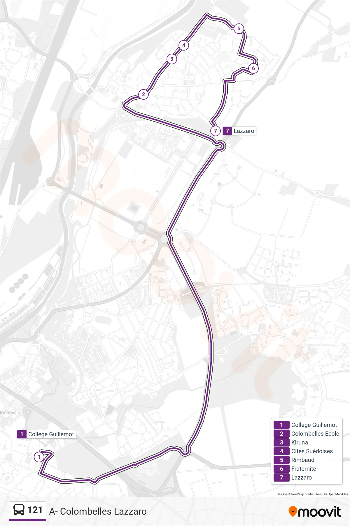 Tracé et arrêts de la ligne 121 de bus (A- Colombelles Lazzaro) sur une carte