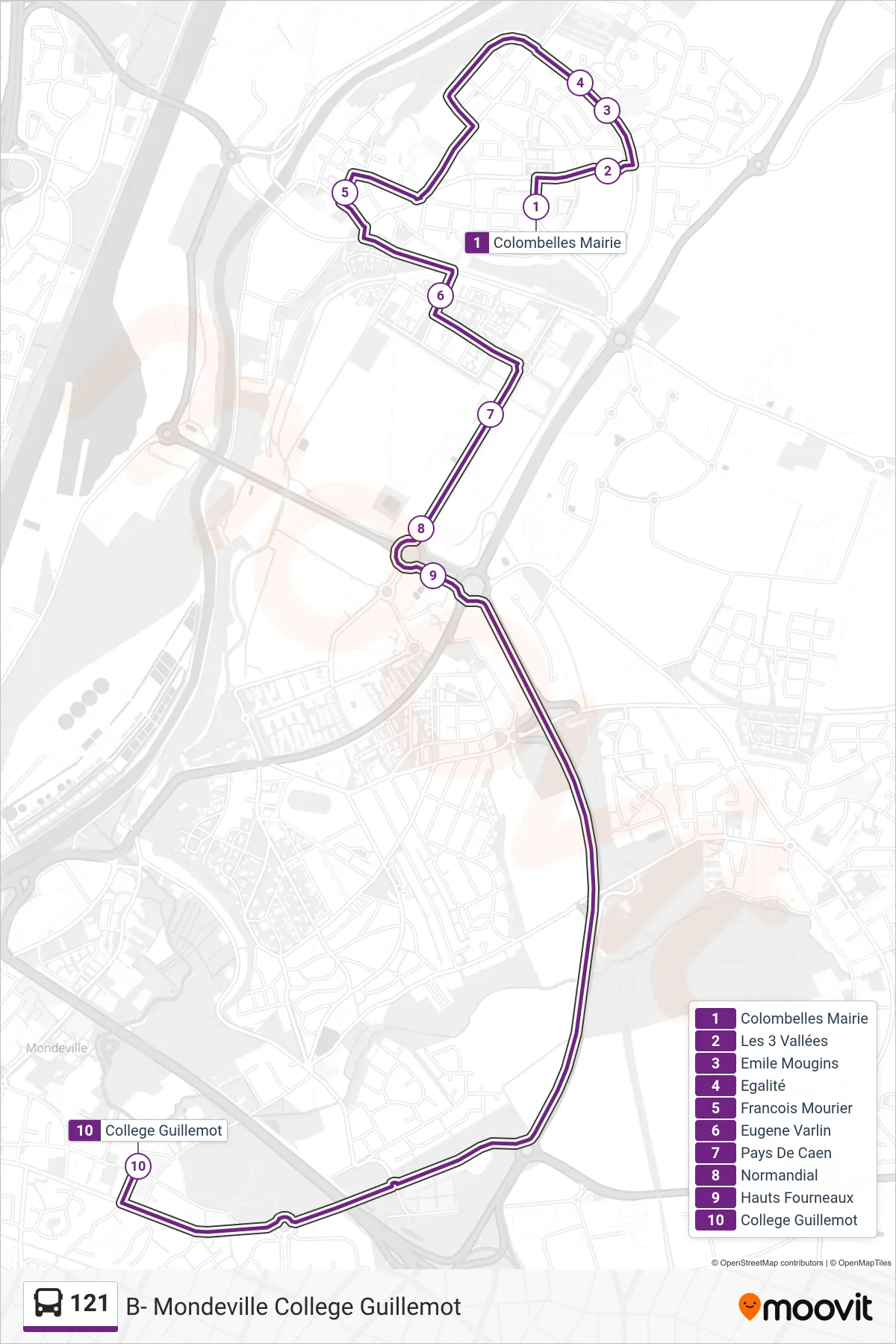 Tracé et arrêts de la ligne 121 de bus (B- Mondeville College Guillemot) sur une carte