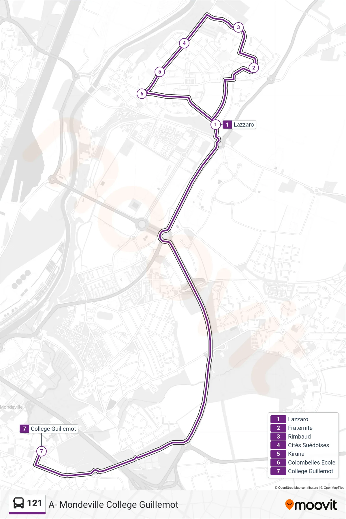 121 bus Line (A- Mondeville College Guillemot) route and stops on a map
