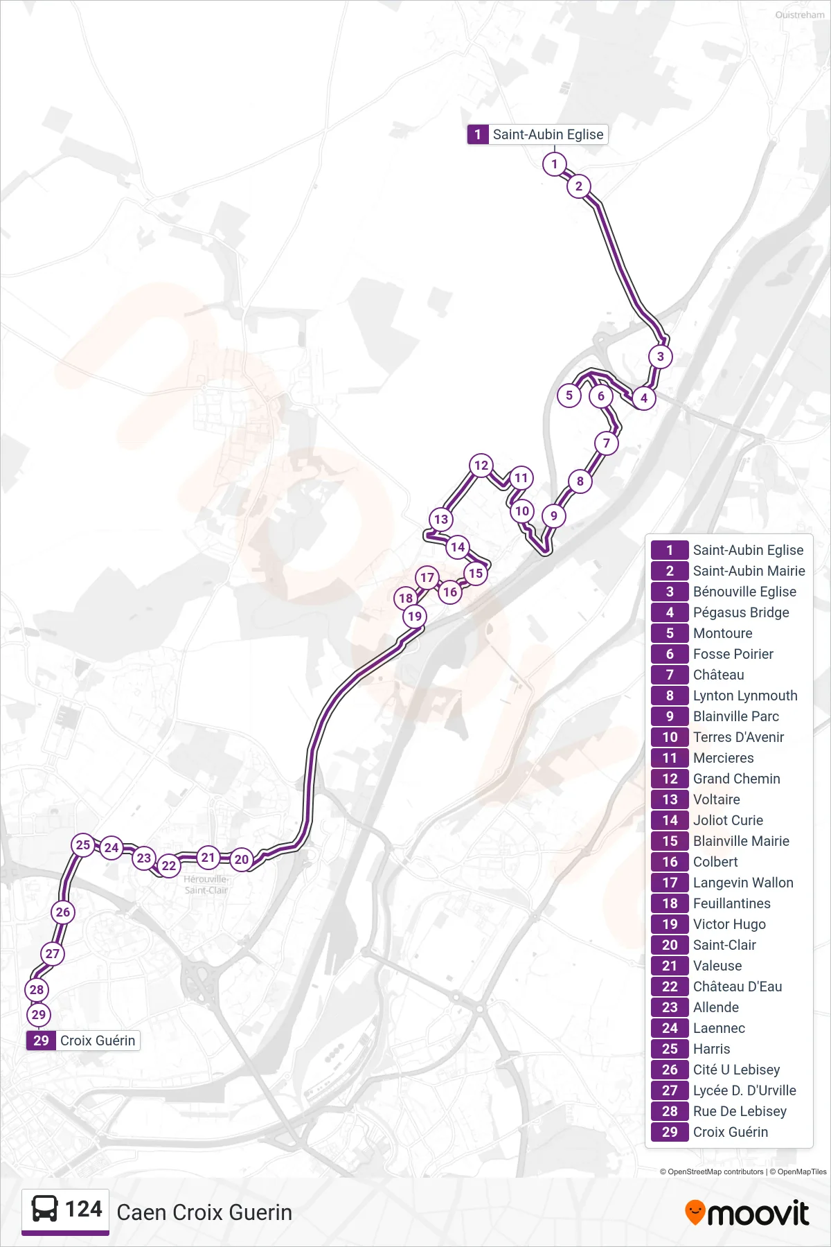 Tracé et arrêts de la ligne 124 de bus (Caen Croix Guerin) sur une carte