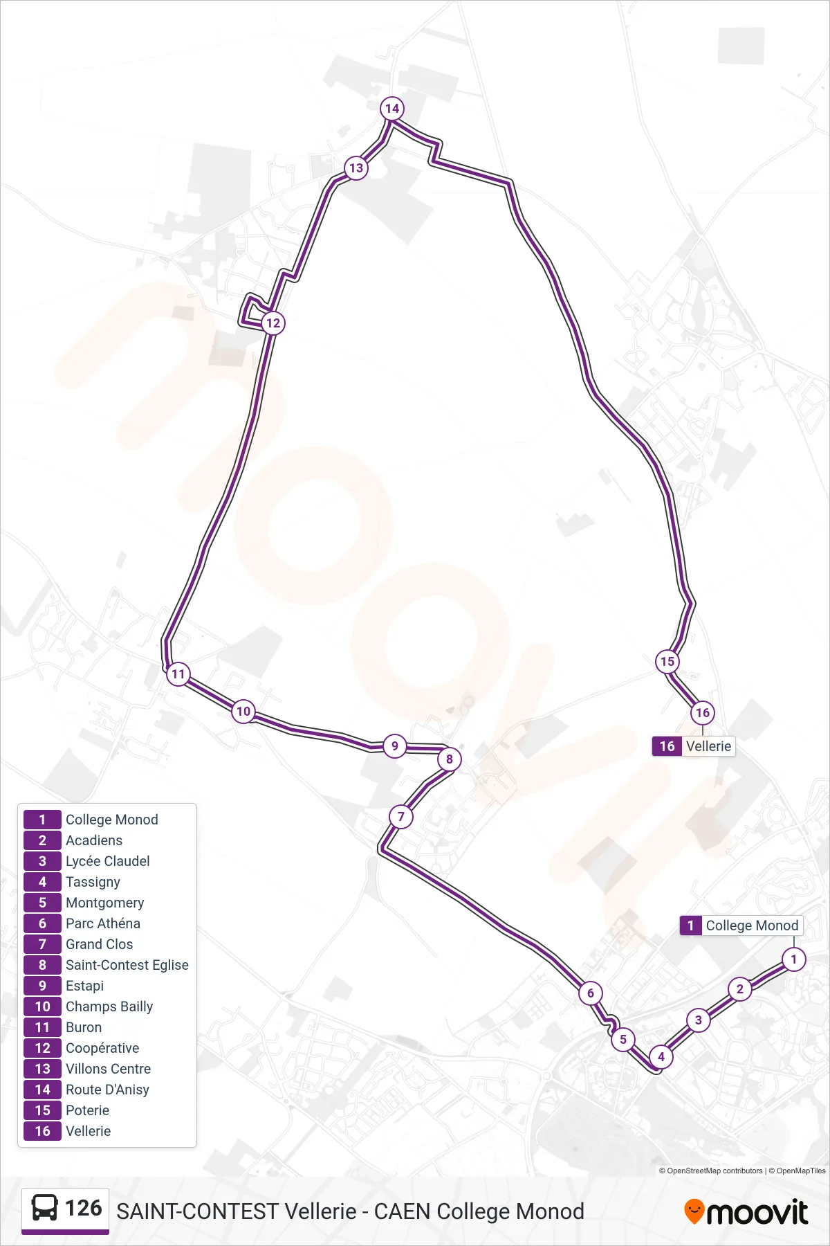 Recorrido y paradas de la línea 126 de autobús (Saint-Contest Vellerie) en el mapa