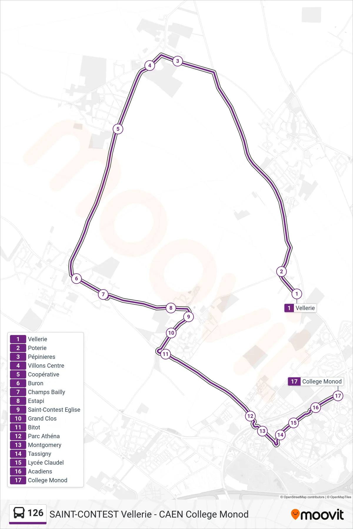 Tracé et arrêts de la ligne 126 de bus (Caen College Monod) sur une carte