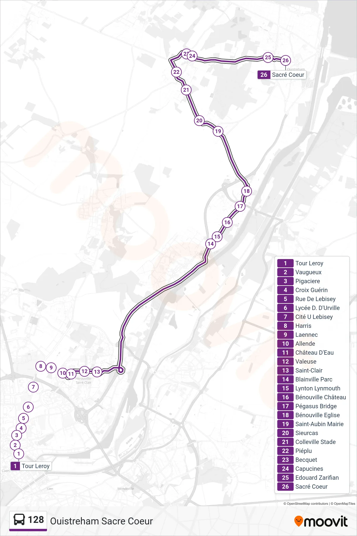Tracé et arrêts de la ligne 128 de bus (Ouistreham Sacre Coeur) sur une carte