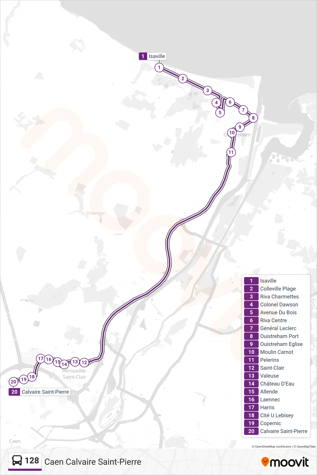 Tracé et arrêts de la ligne 128 de bus (Caen Calvaire Saint-Pierre) sur une carte