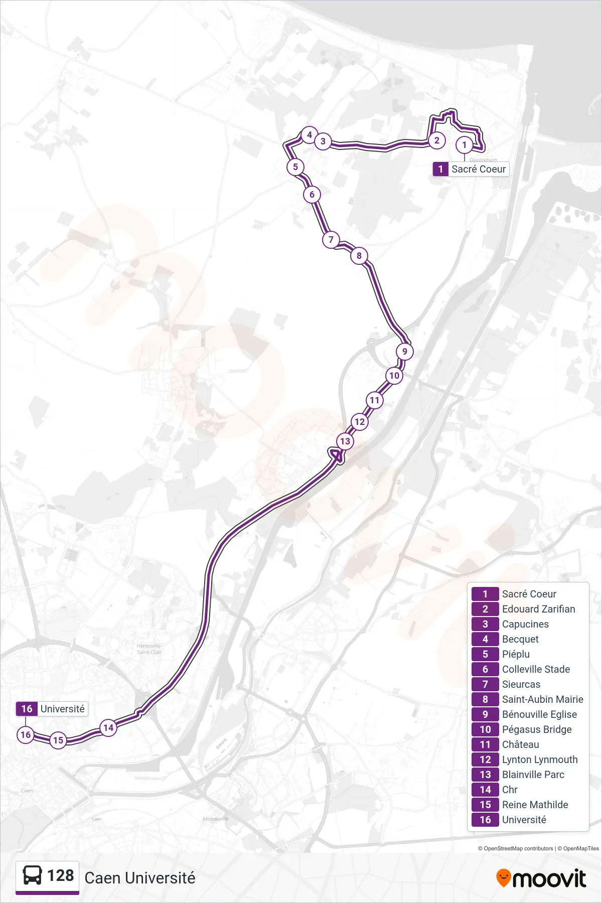 Recorrido y paradas de la línea 128 de autobús (Caen Université) en el mapa