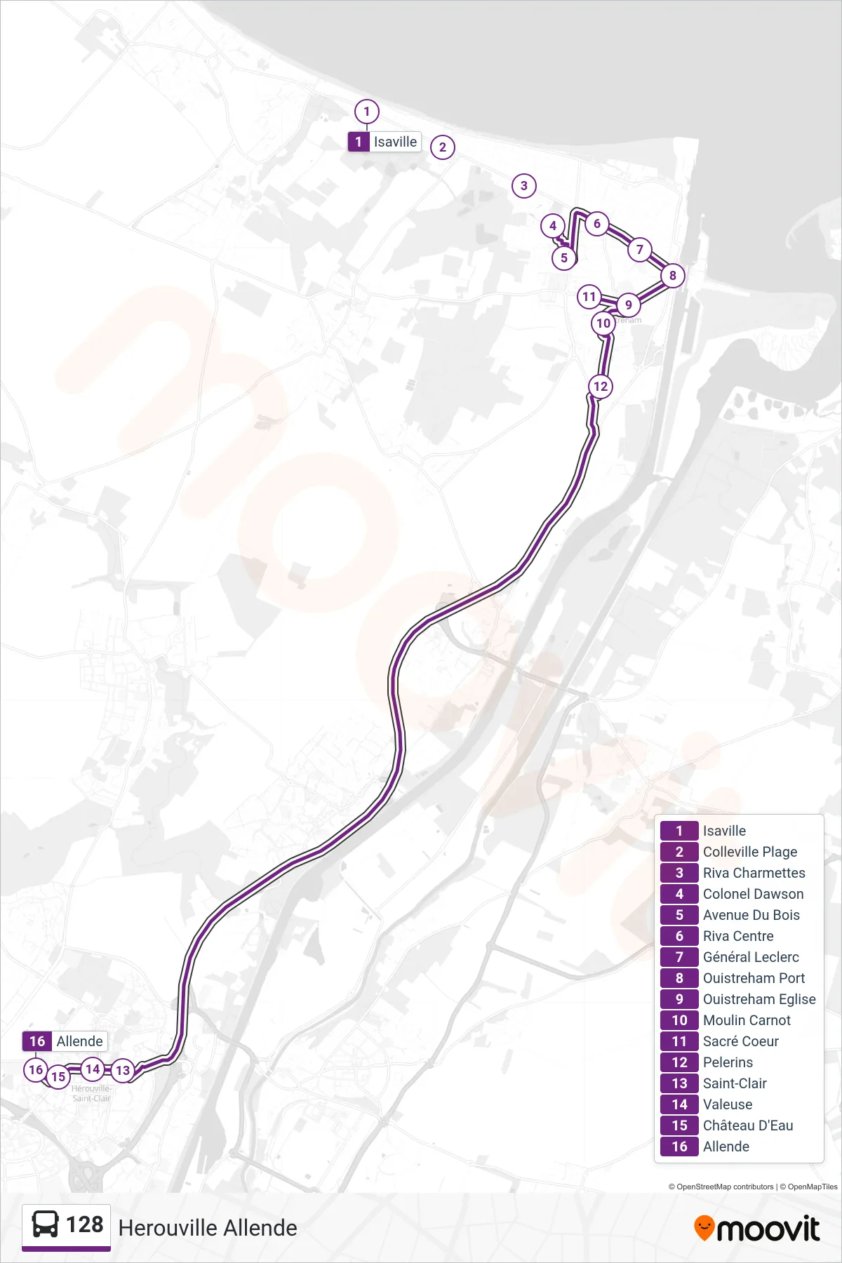 Recorrido y paradas de la línea 128 de autobús (Herouville Allende) en el mapa