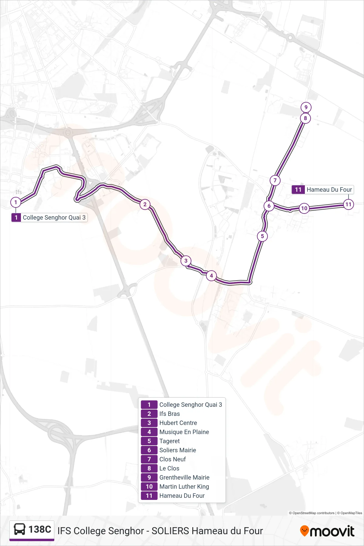 Tracé et arrêts de la ligne 138C de bus (Soliers Hameau Au Four) sur une carte
