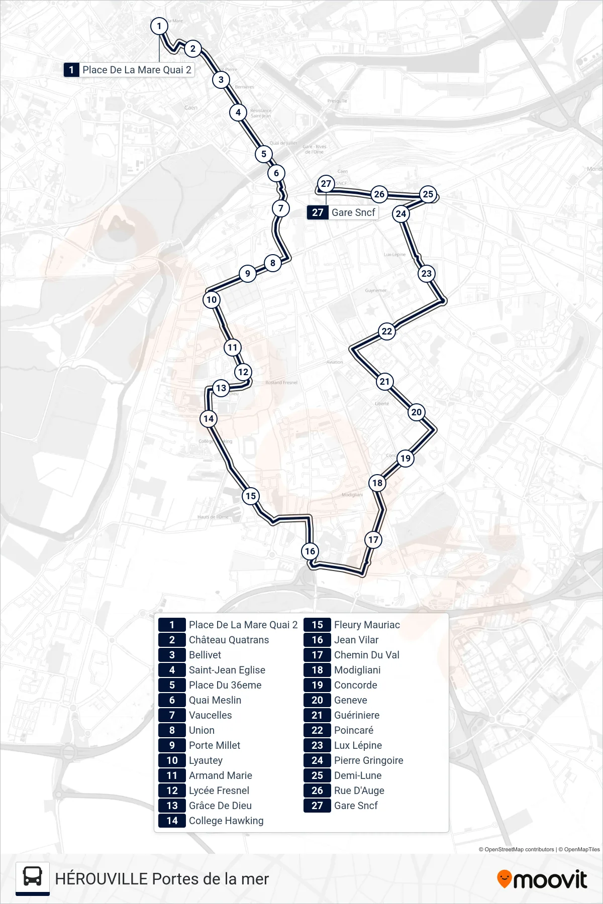 Tracé et arrêts de la ligne NOCTIBUS de bus (Caen Gare Sncf) sur une carte