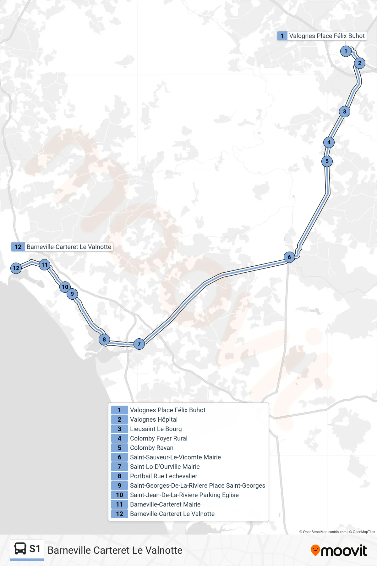 Recorrido y paradas de la línea S1 de autobús (Barneville Carteret Le Valnotte) en el mapa
