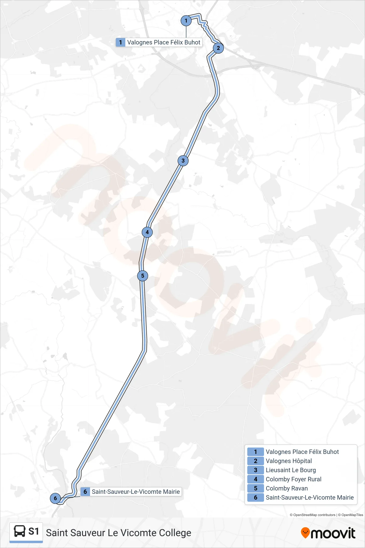 Tracé et arrêts de la ligne S1 de bus (Saint Sauveur Le Vicomte College) sur une carte