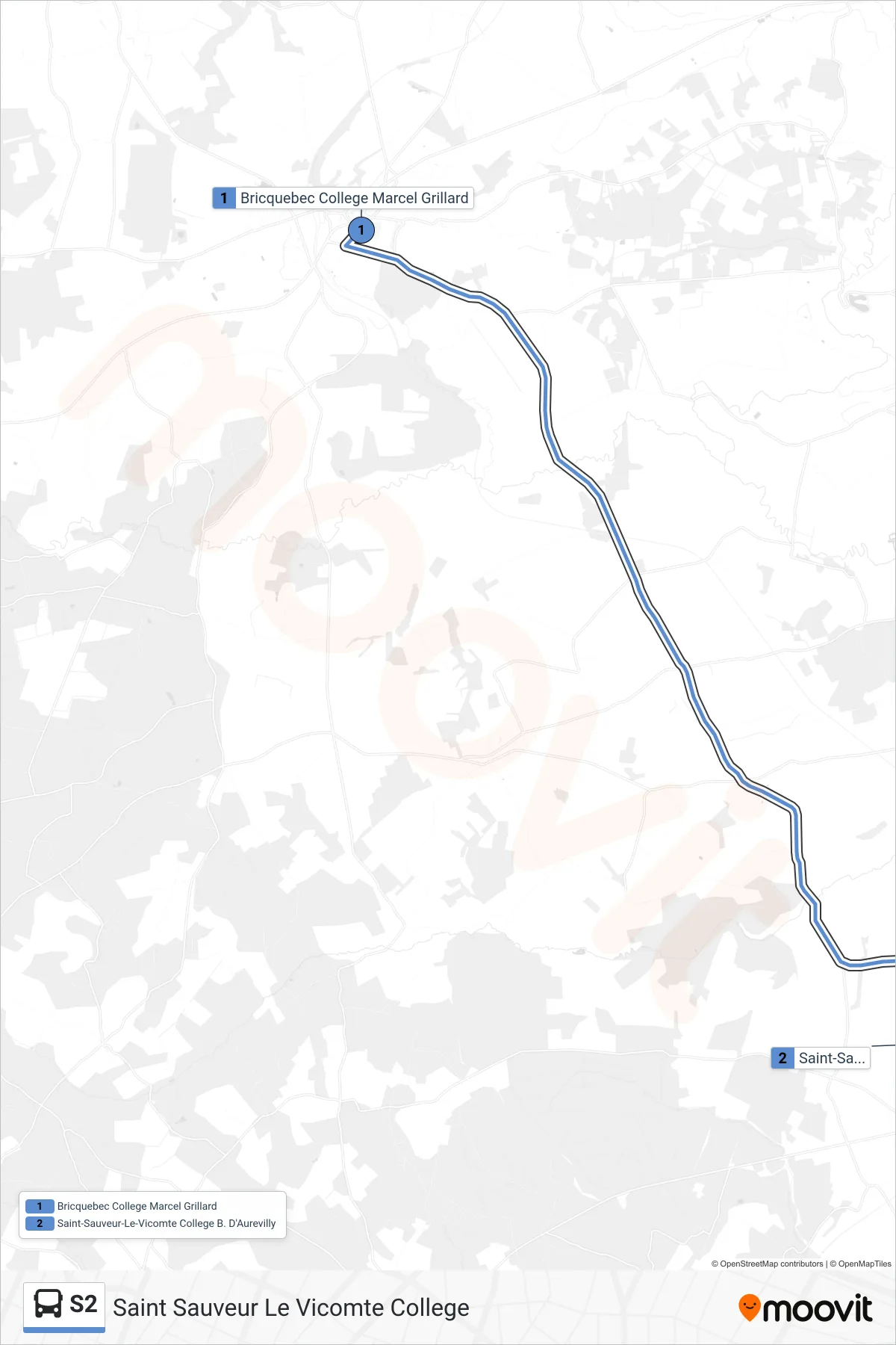 Tracé et arrêts de la ligne S2 de bus (Saint Sauveur Le Vicomte College) sur une carte