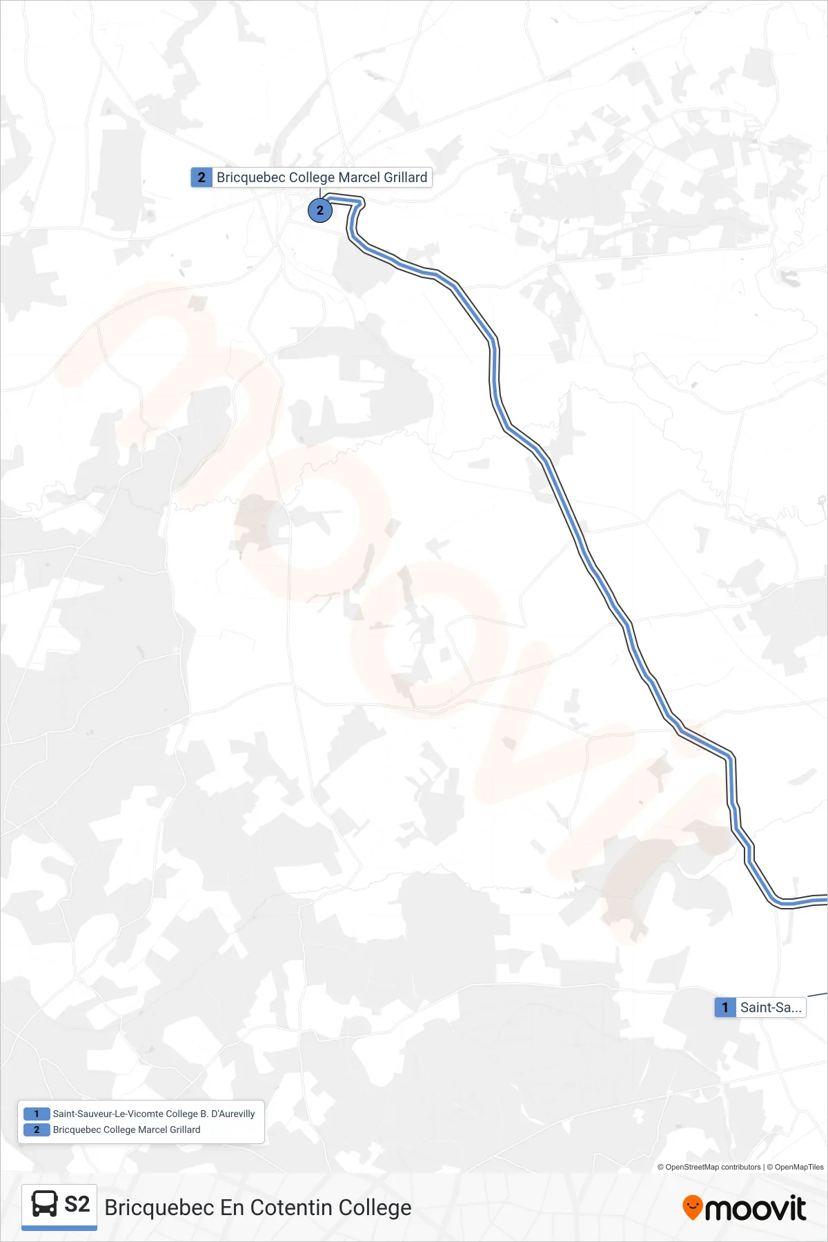 Tracé et arrêts de la ligne S2 de bus (Bricquebec En Cotentin College) sur une carte