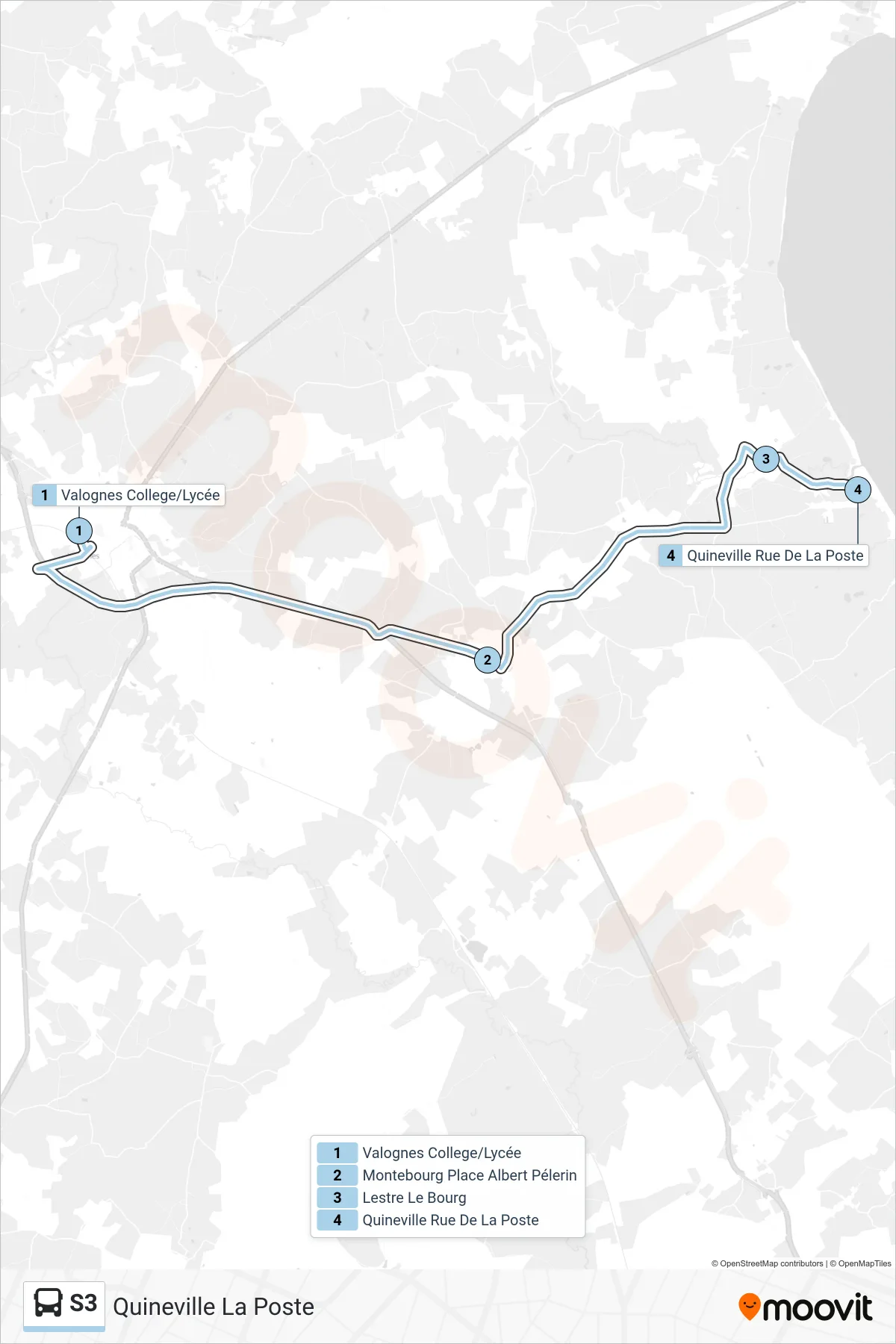 Tracé et arrêts de la ligne S3 de bus (Quineville La Poste) sur une carte