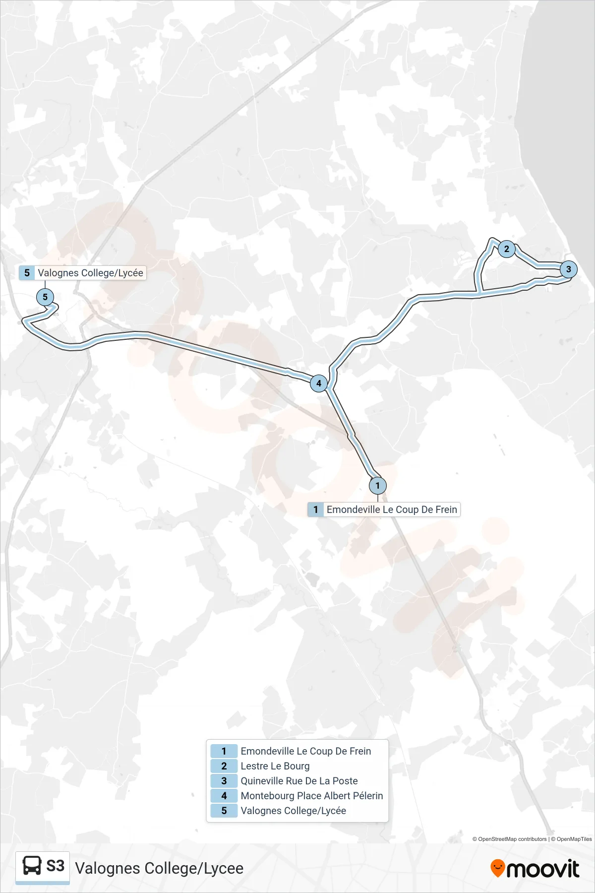 Tracé et arrêts de la ligne S3 de bus (Valognes College/Lycee) sur une carte