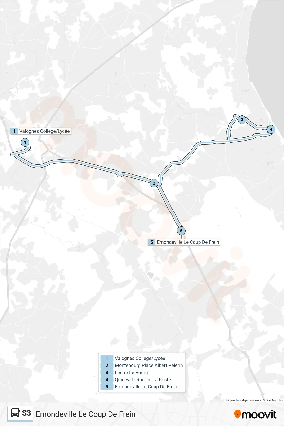 Tracé et arrêts de la ligne S3 de bus (Emondeville Le Coup De Frein) sur une carte