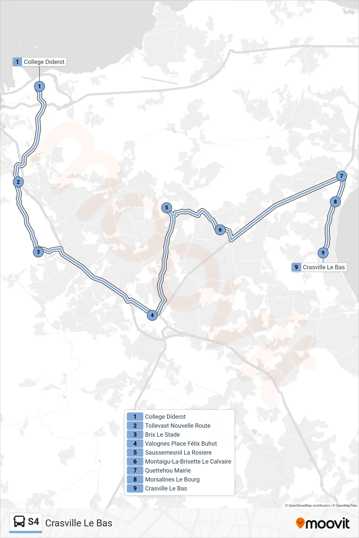 Tracé et arrêts de la ligne S4 de bus (Crasville Le Bas) sur une carte