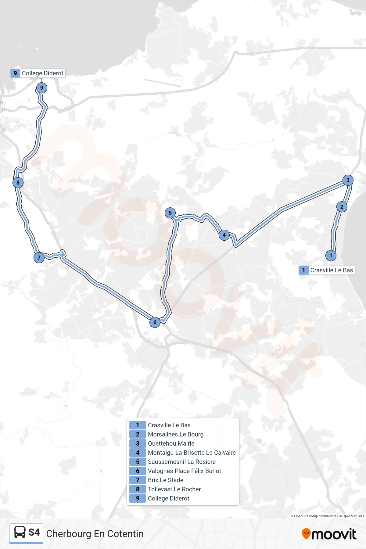 Tracé et arrêts de la ligne S4 de bus (Cherbourg En Cotentin) sur une carte
