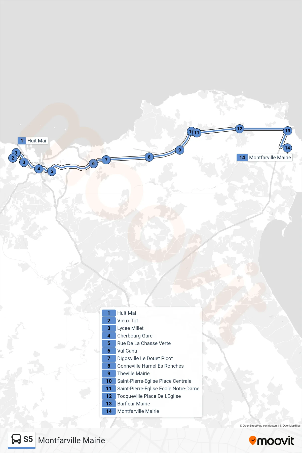 Tracé et arrêts de la ligne S5 de bus (Montfarville Mairie) sur une carte