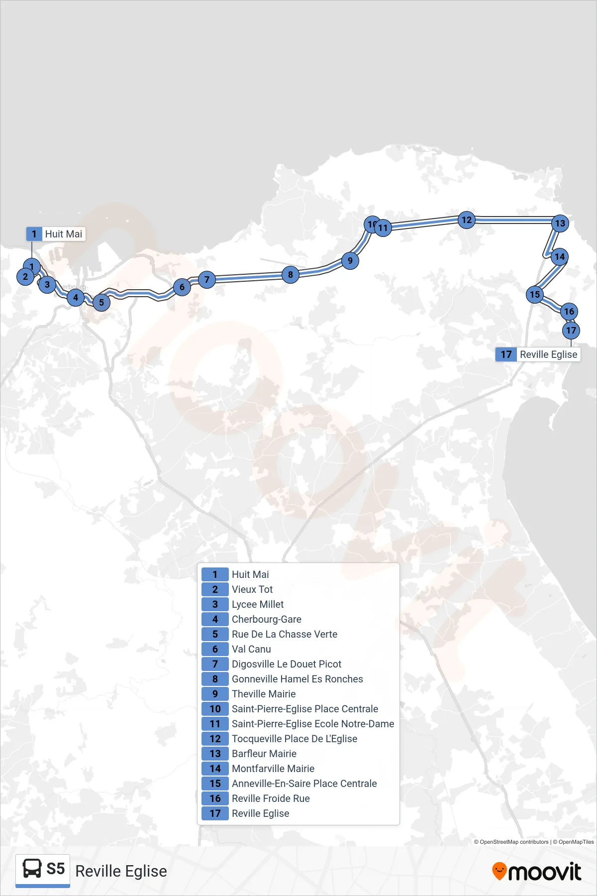 Tracé et arrêts de la ligne S5 de bus (Reville Eglise) sur une carte