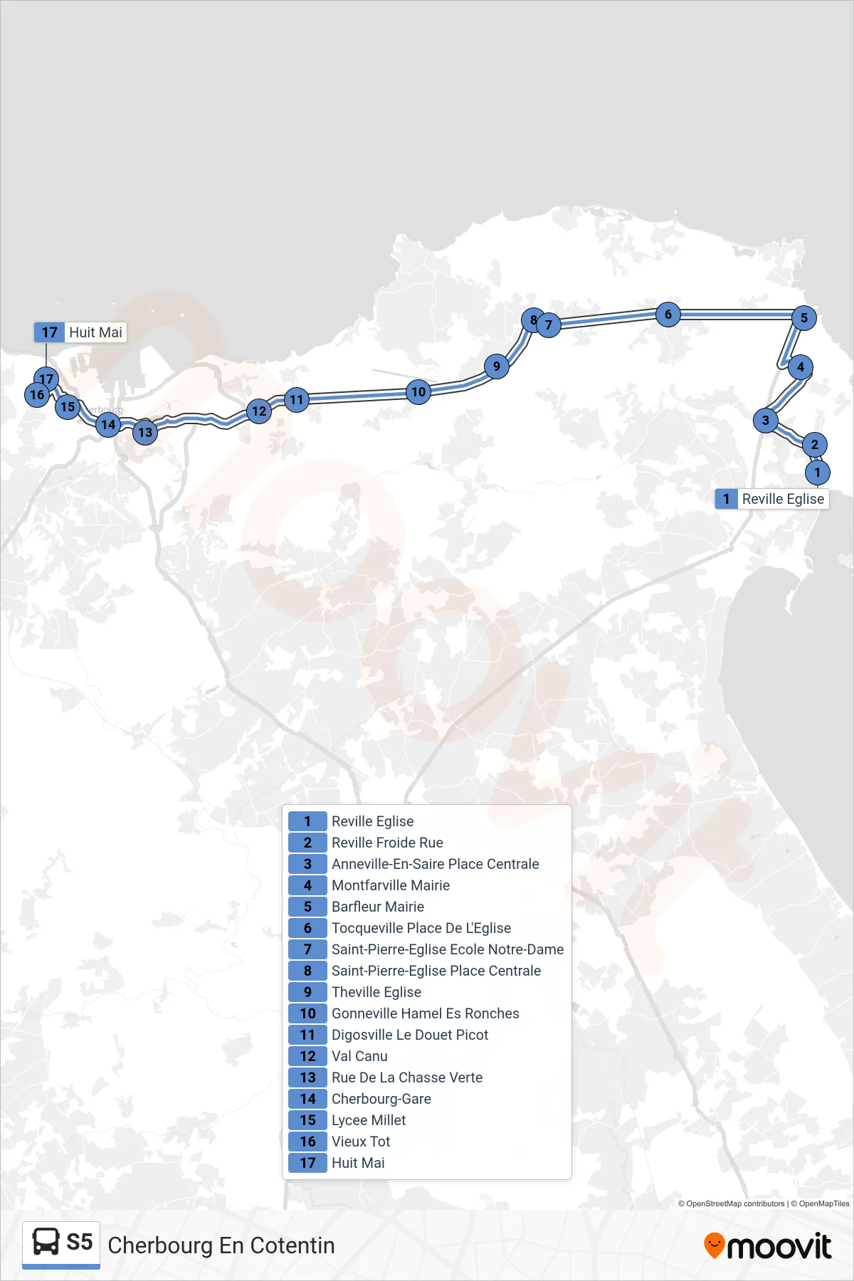 Tracé et arrêts de la ligne S5 de bus (Cherbourg En Cotentin) sur une carte