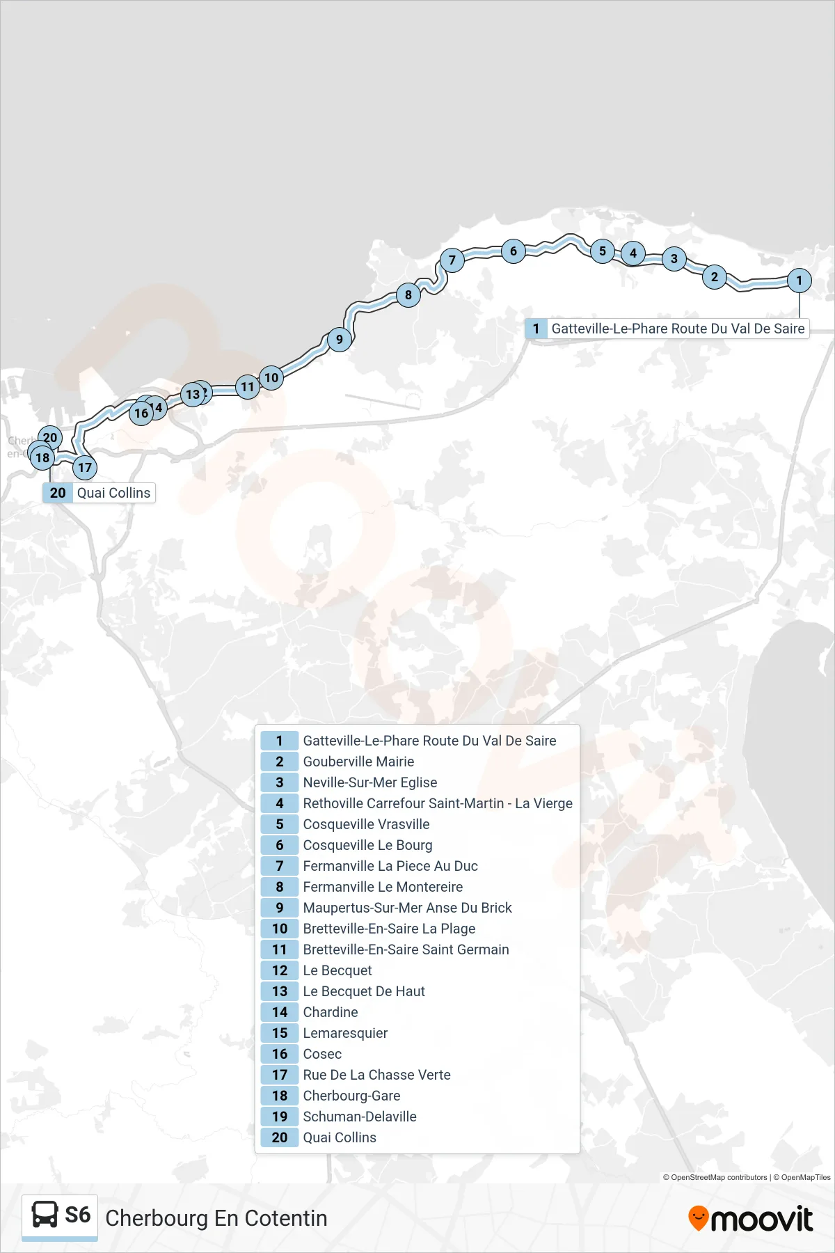 Tracé et arrêts de la ligne S6 de bus (Cherbourg En Cotentin) sur une carte
