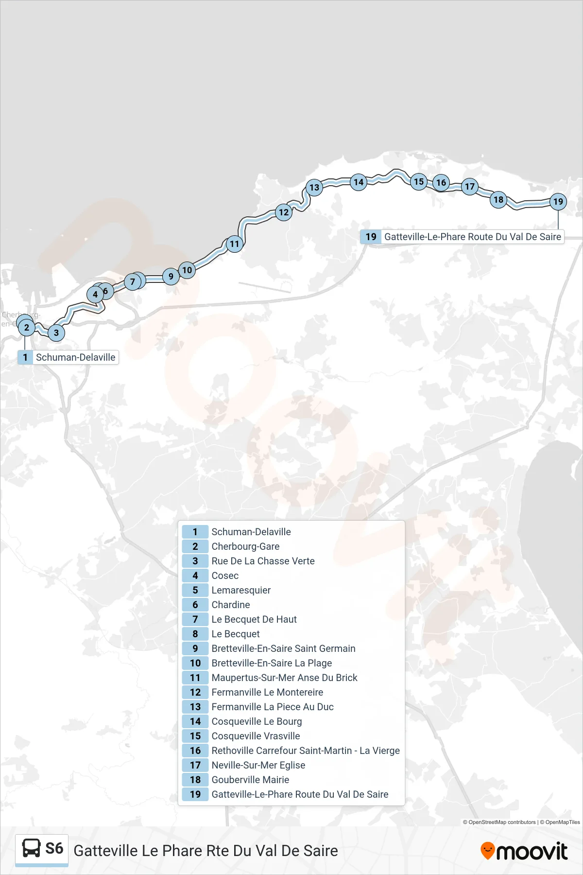 Tracé et arrêts de la ligne S6 de bus (Gatteville Le Phare Rte Du Val De Saire) sur une carte