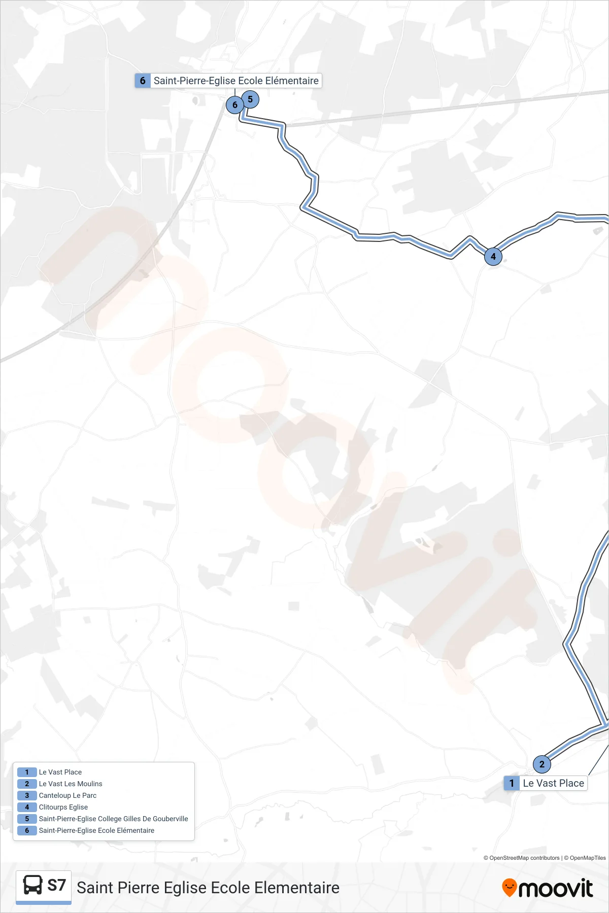 Tracé et arrêts de la ligne S7 de bus (Saint Pierre Eglise Ecole Elementaire) sur une carte