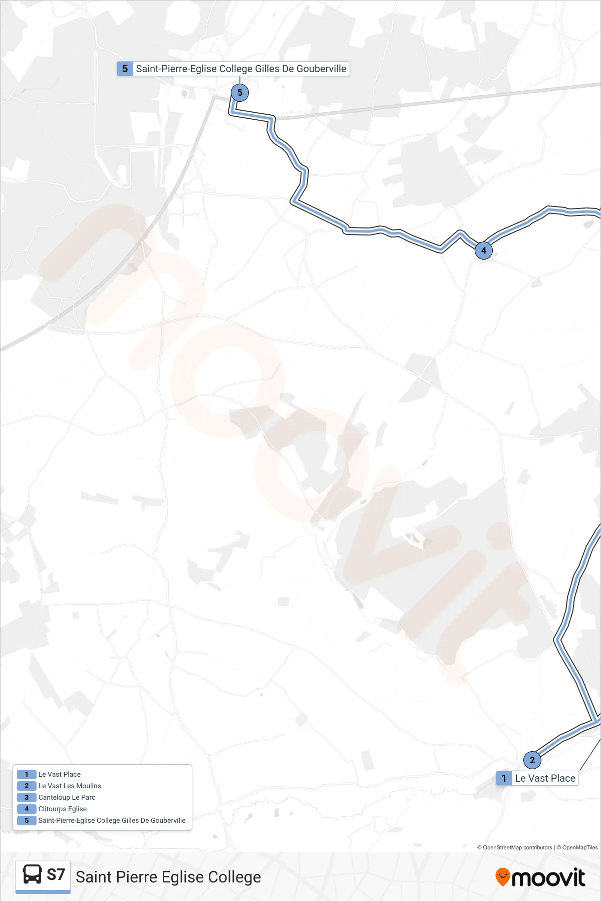 Tracé et arrêts de la ligne S7 de bus (Saint Pierre Eglise College) sur une carte