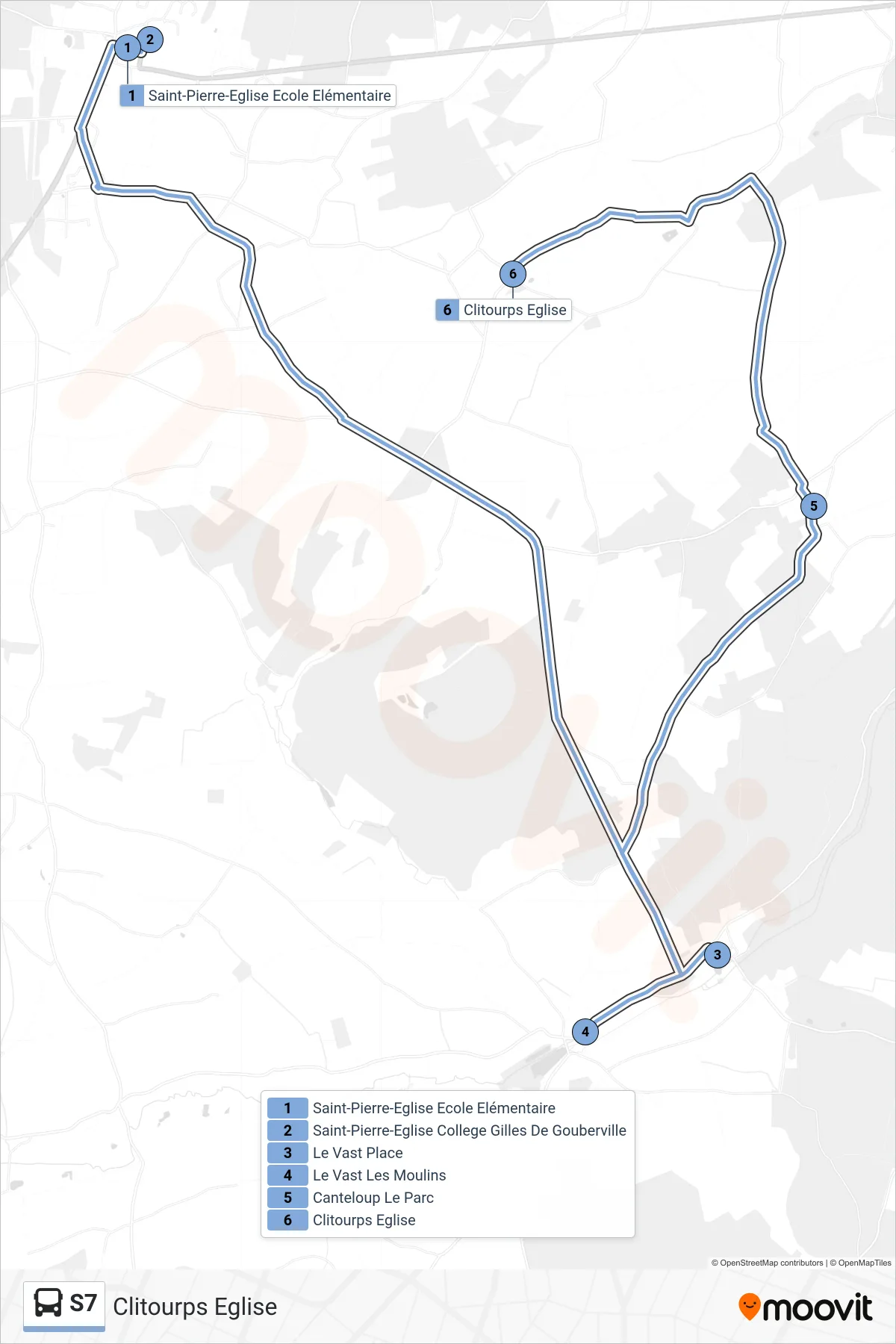 Tracé et arrêts de la ligne S7 de bus (Clitourps Eglise) sur une carte