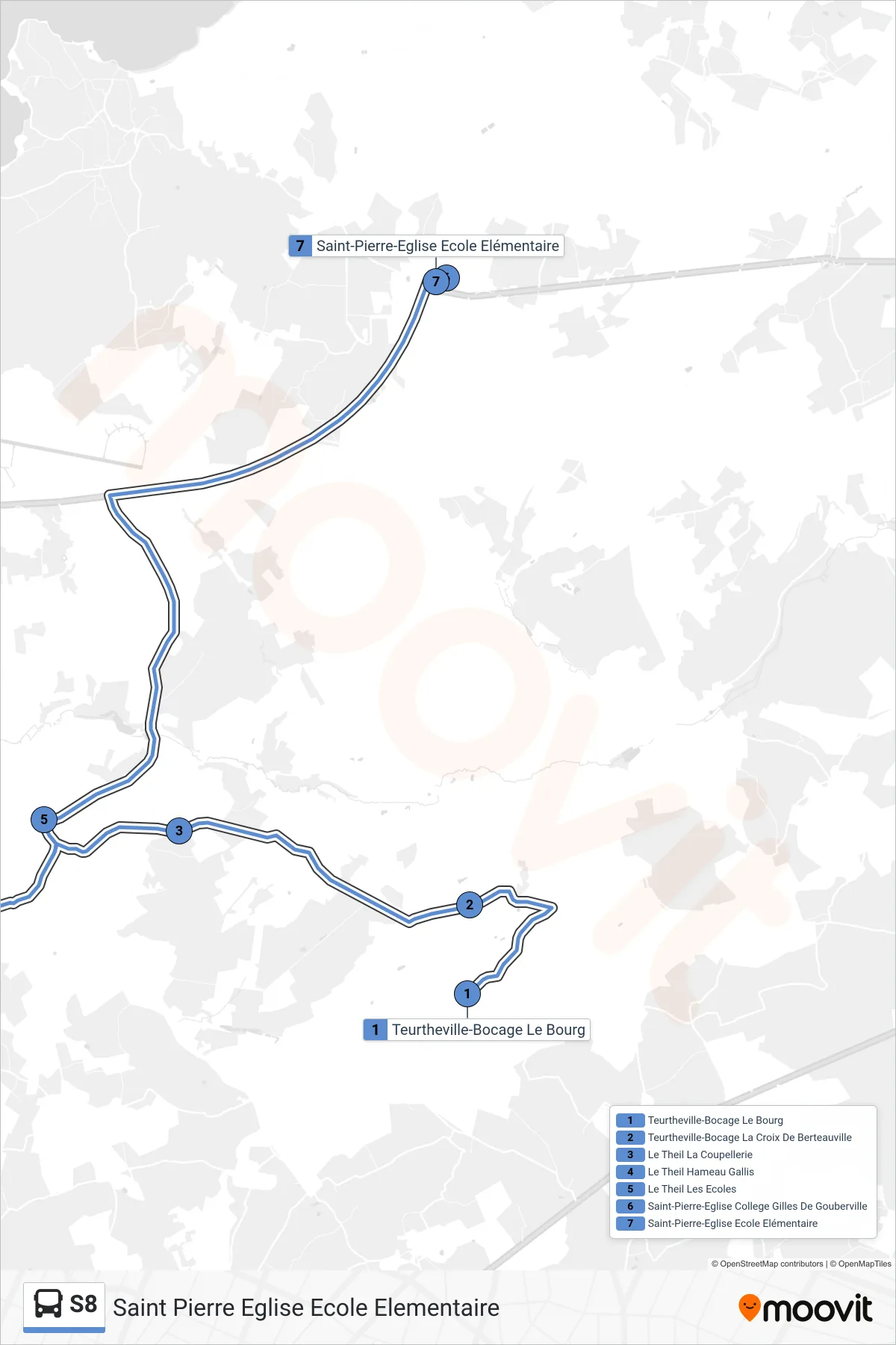 Recorrido y paradas de la línea S8 de autobús (Saint Pierre Eglise Ecole Elementaire) en el mapa