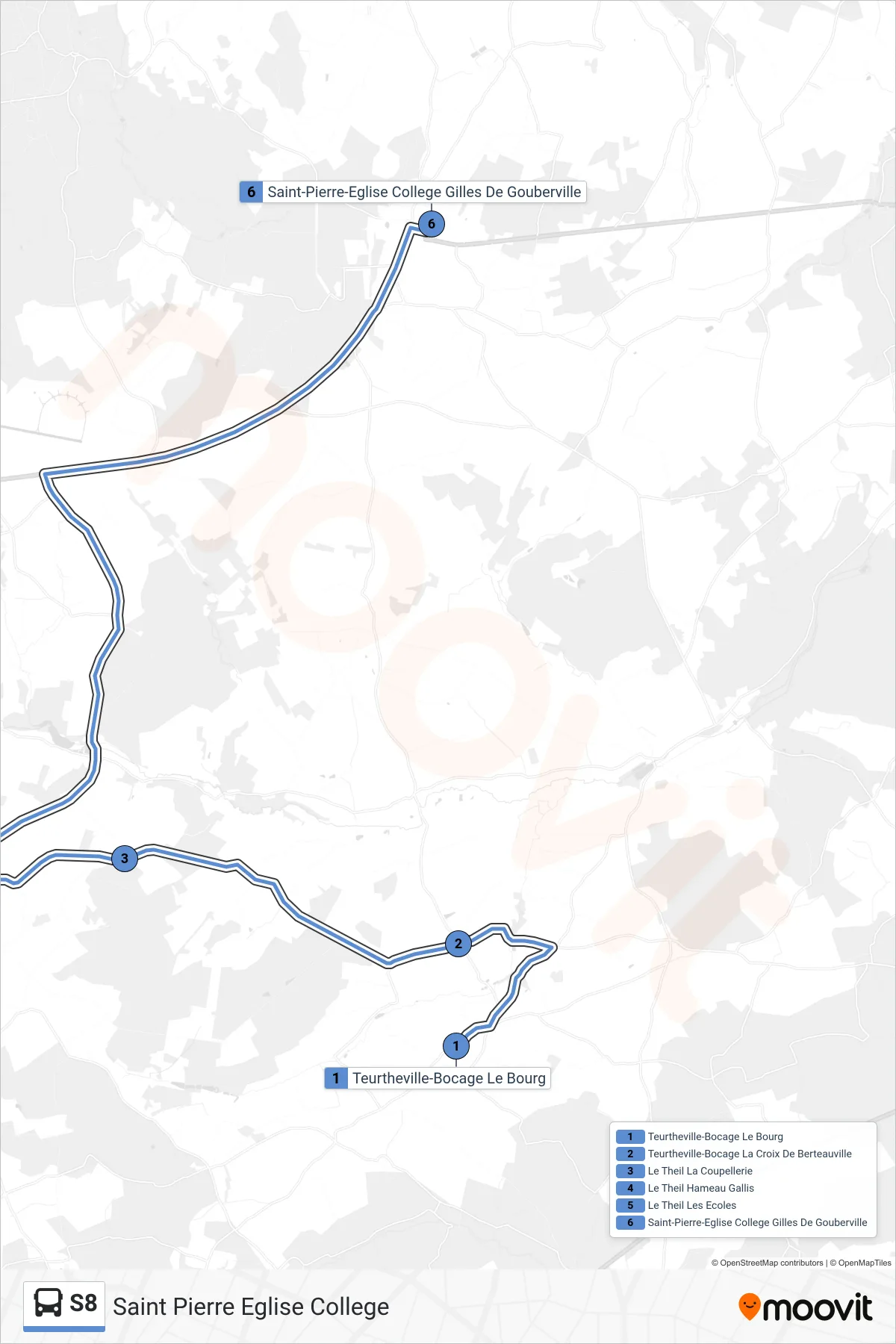 Tracé et arrêts de la ligne S8 de bus (Saint Pierre Eglise College) sur une carte