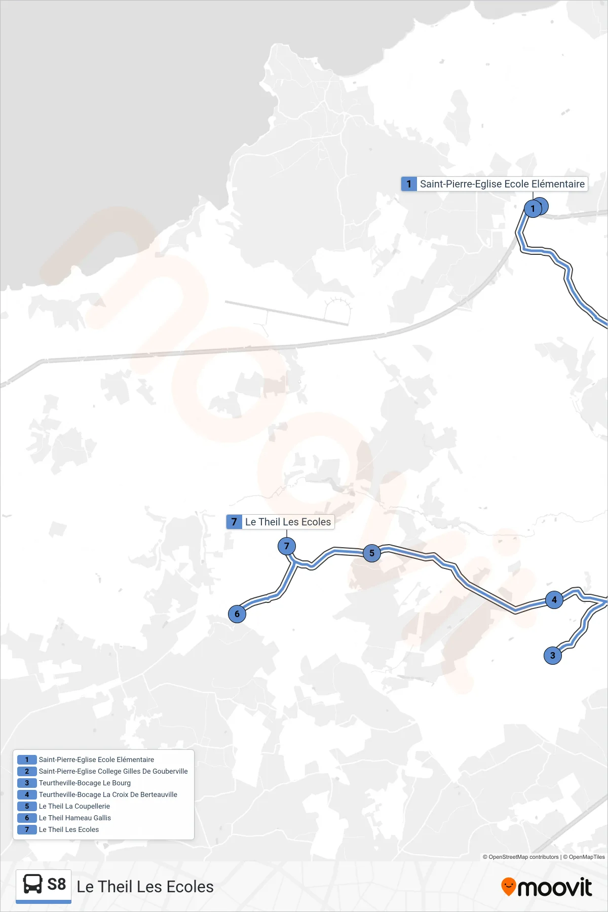 Tracé et arrêts de la ligne S8 de bus (Le Theil Les Ecoles) sur une carte