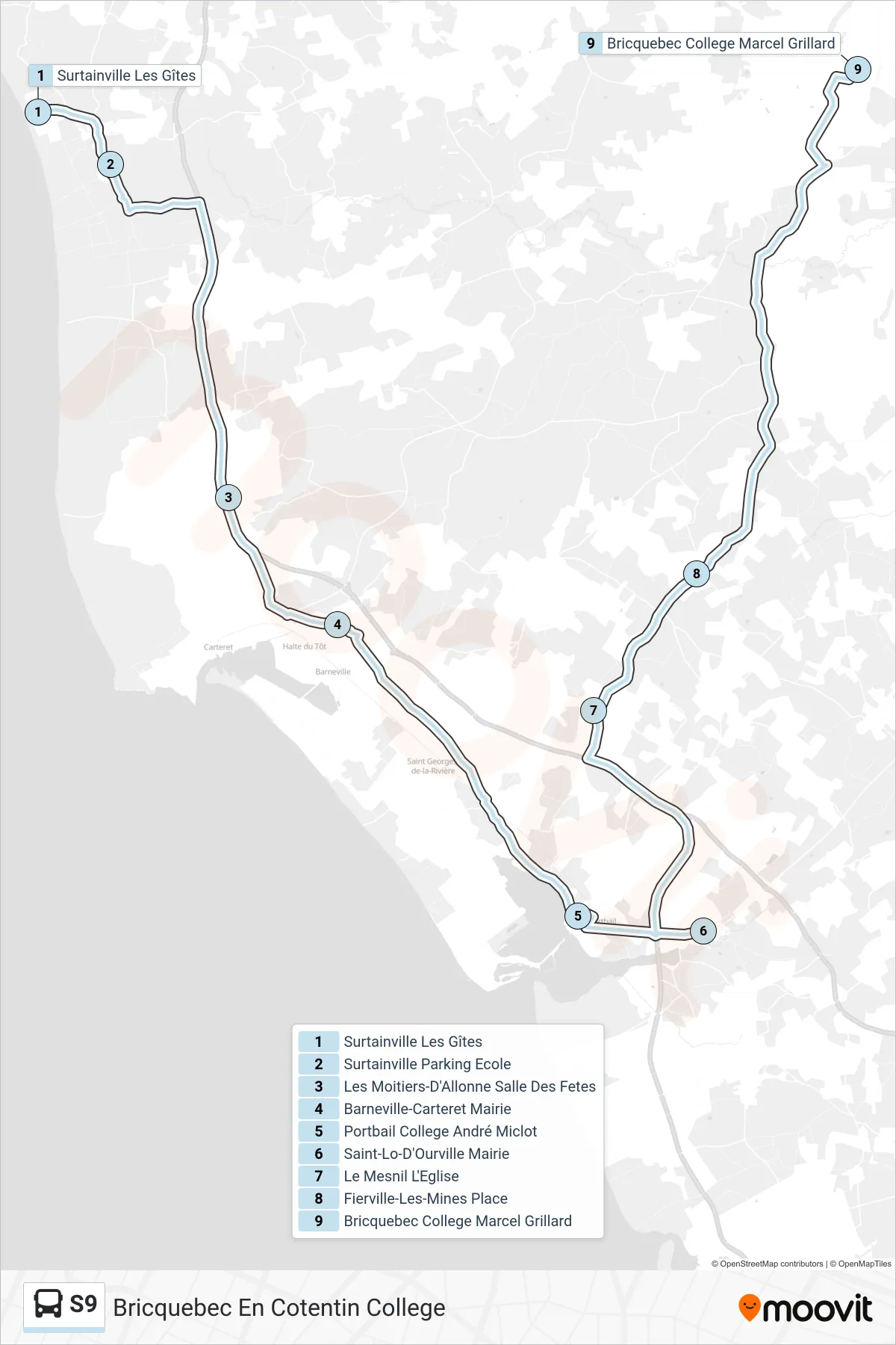 Recorrido y paradas de la línea S9 de autobús (Bricquebec En Cotentin College) en el mapa