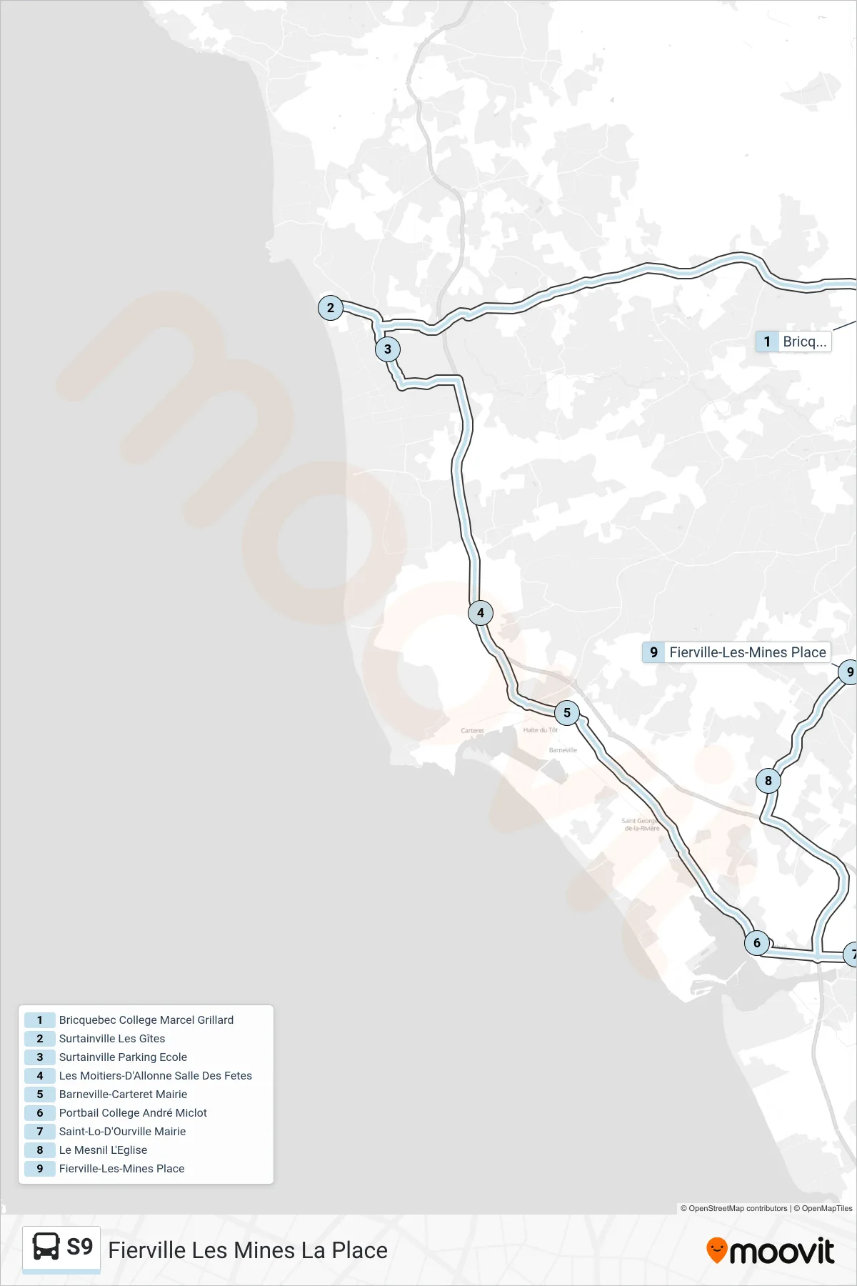 Tracé et arrêts de la ligne S9 de bus (Fierville Les Mines La Place) sur une carte