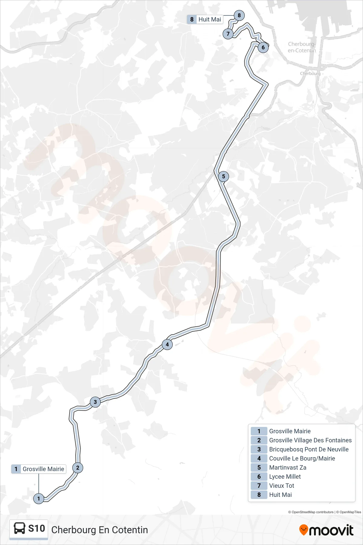 Tracé et arrêts de la ligne S10 de bus (Cherbourg En Cotentin) sur une carte