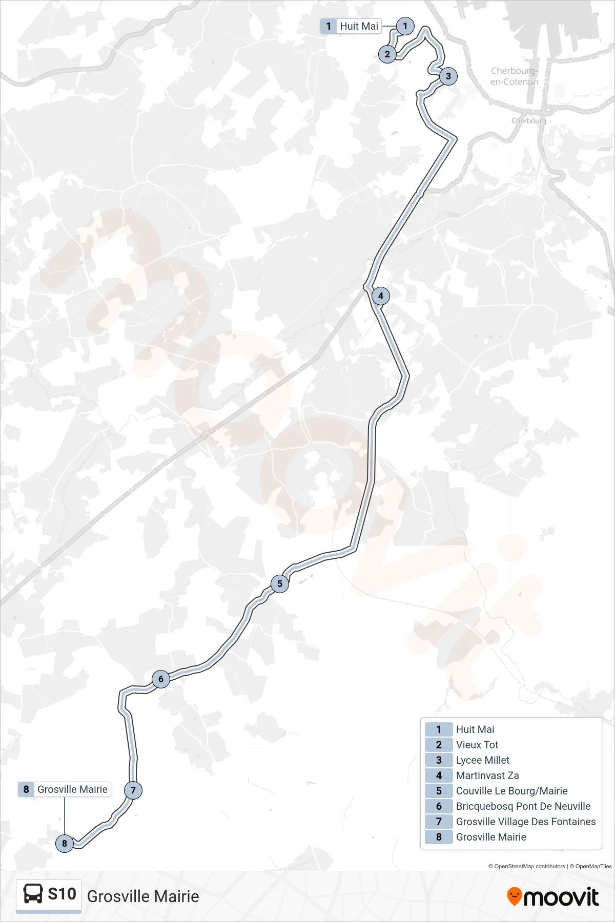 Tracé et arrêts de la ligne S10 de bus (Grosville Mairie) sur une carte