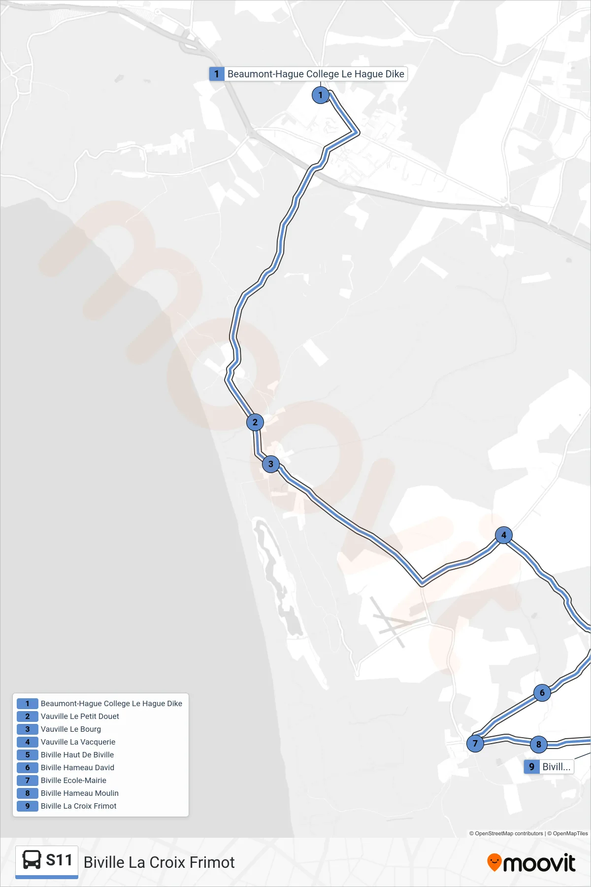 Tracé et arrêts de la ligne S11 de bus (Biville La Croix Frimot) sur une carte