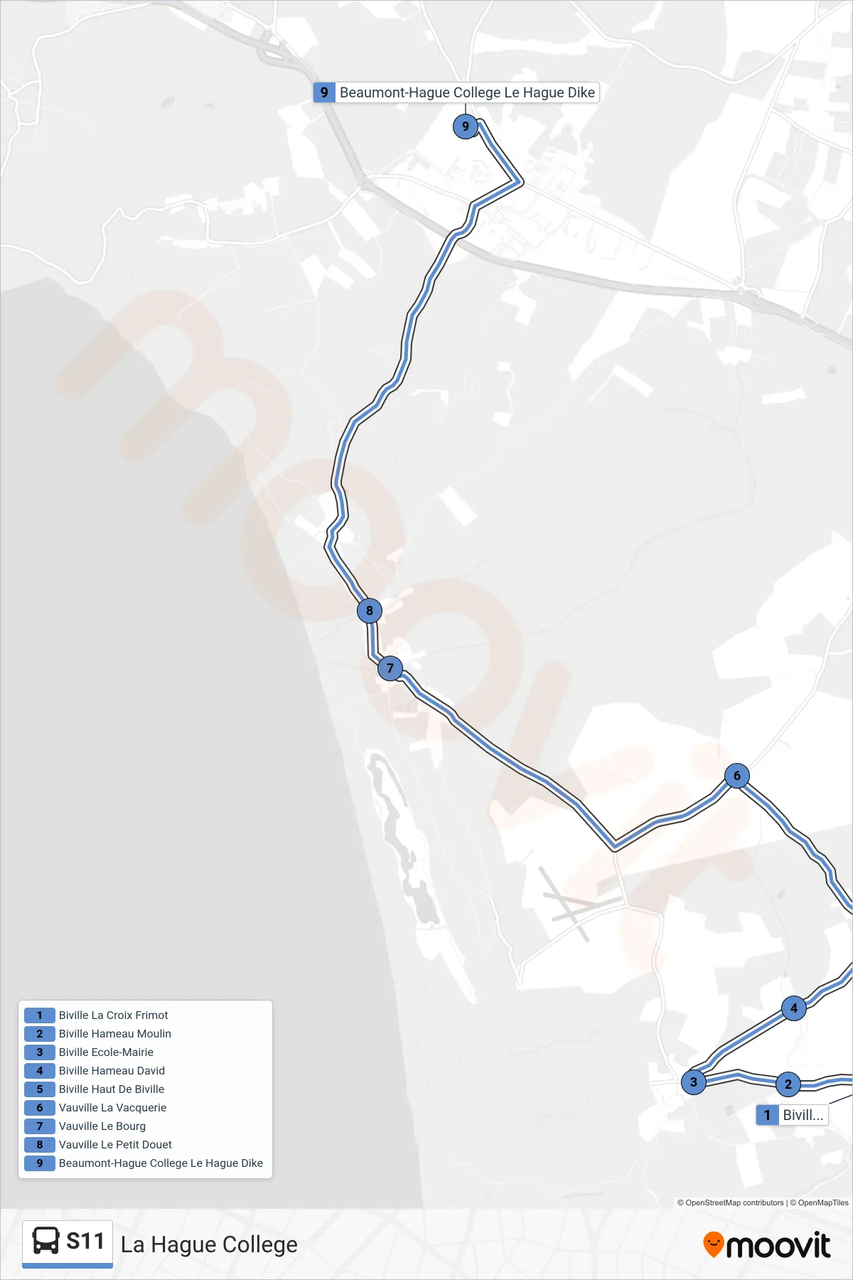 S11 bus Line (La Hague College) route and stops on a map